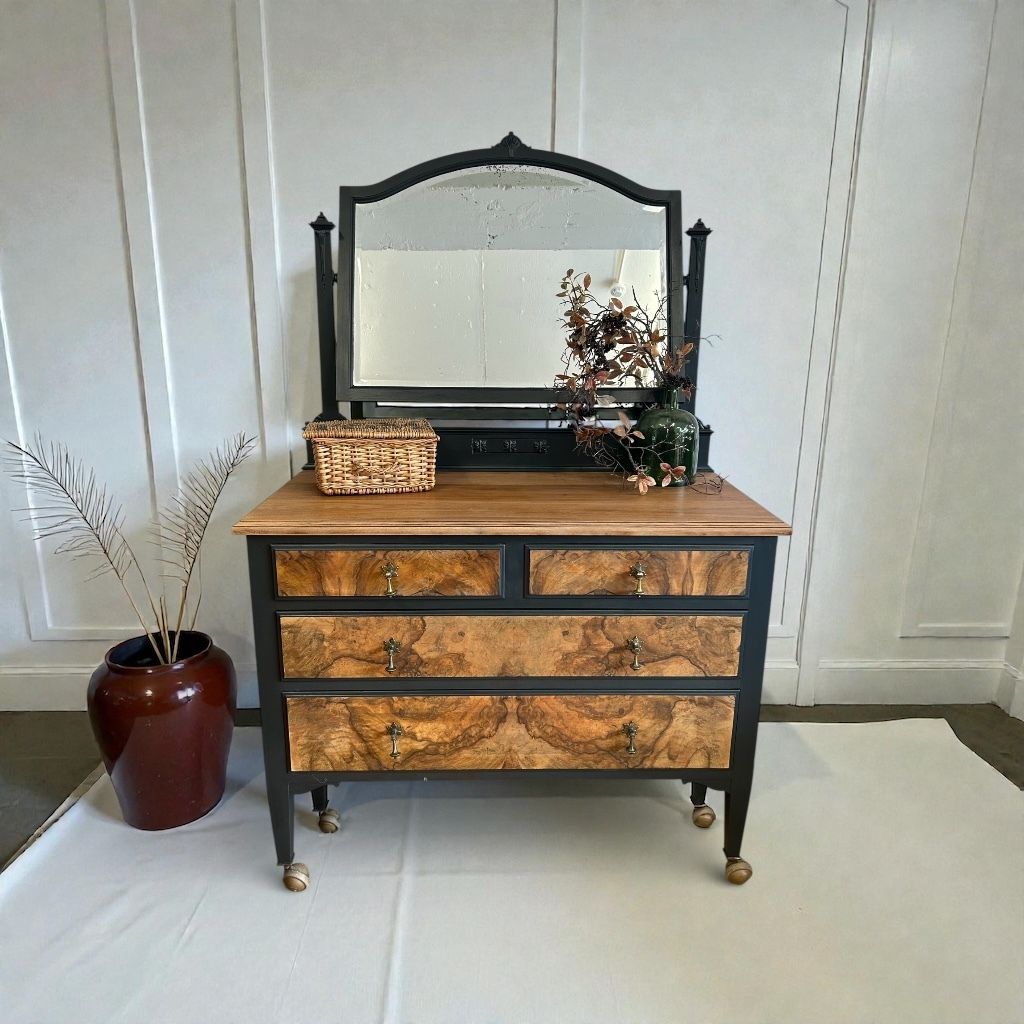 Art Deco Burr Walnut Dressing Chest With Mirror   Hand Finished Statement Piece