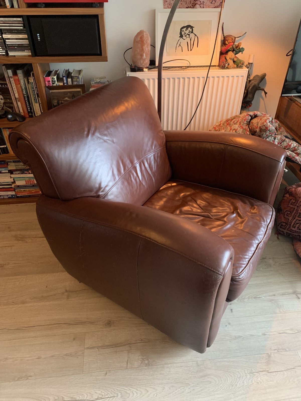 “Large, Extremely Comfortable 1990s Leather Armchair With A Deep Seat And Beautifully Aged Leather. Very Solid And Heavy, With A Great Patina Developed Over Time. Ideal As A Statement Reading Chair Or Lounge Piece.” photo for sale