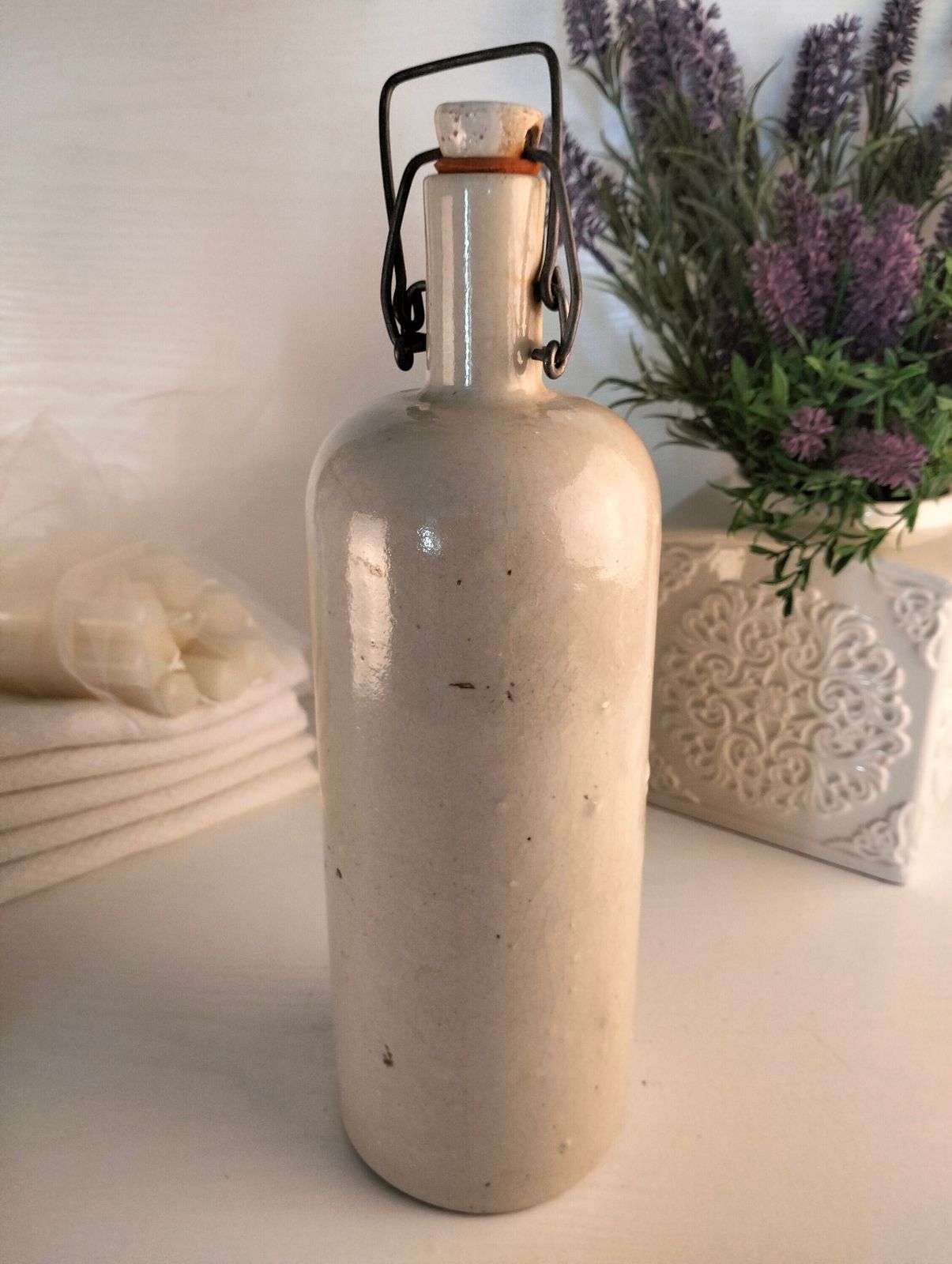 Antique French Stoneware Bottle, White Glazed Cider Jug, Porcelain Cap photo buy