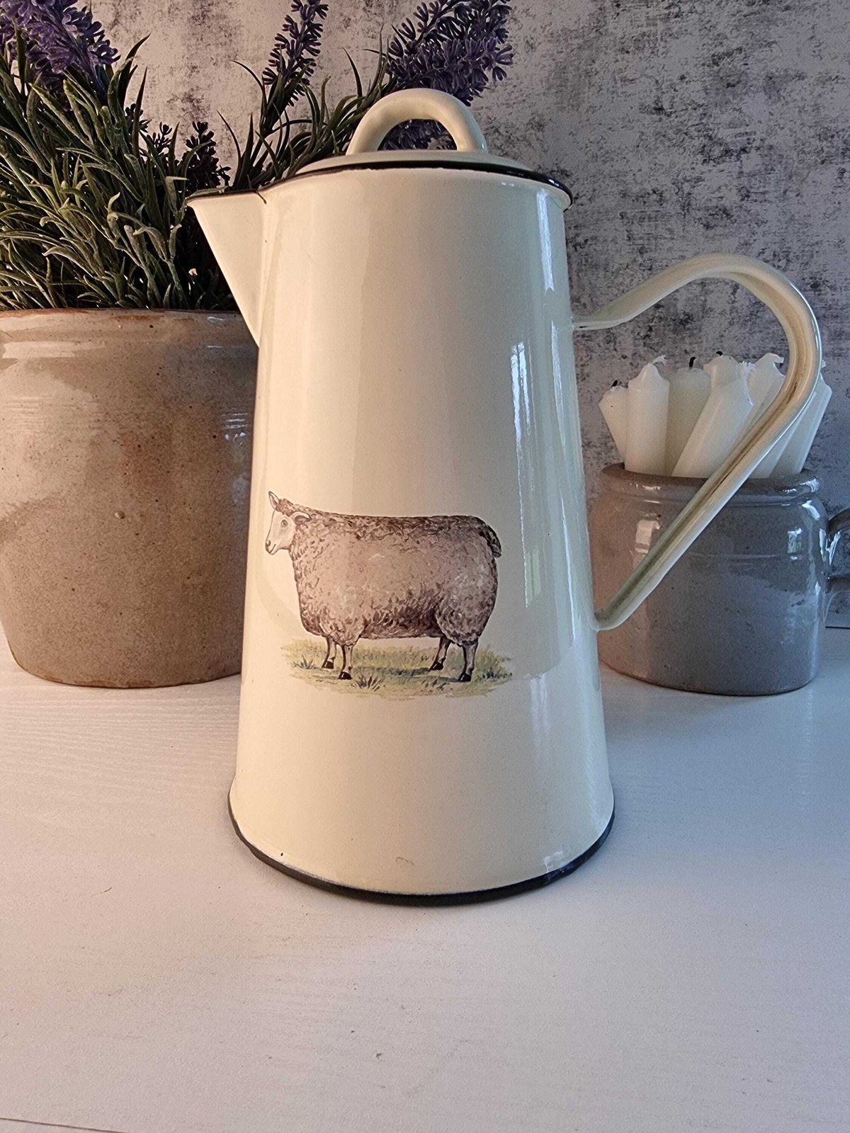 Vintage French Enamel Coffee Pot – Cream Kitchen Decor, Sheep Design photo for sale