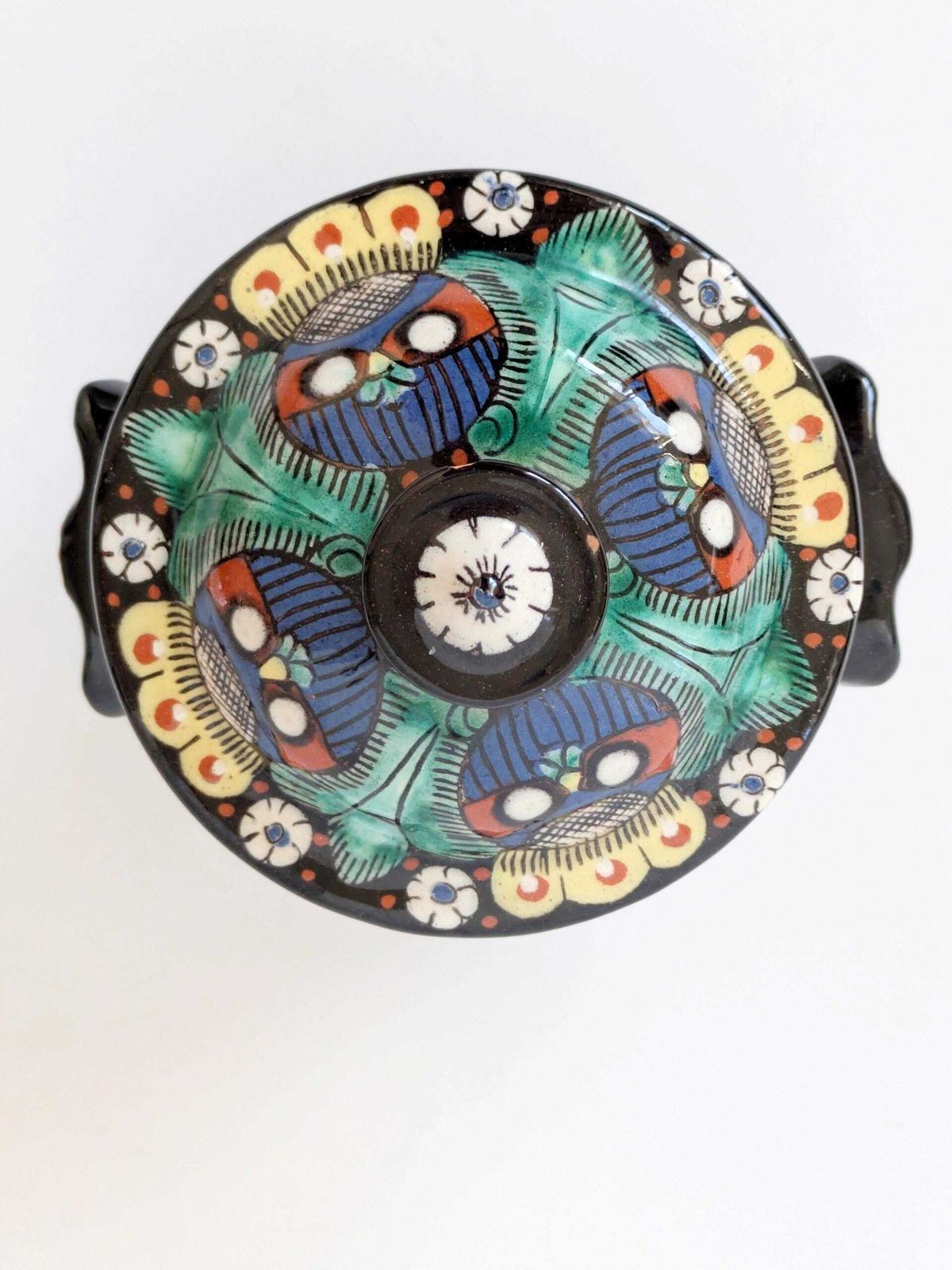 photo furniture Early 20th Century Arts & Crafts Majolica Pedestal Lidded Box, Thoune Switzerland, Satisfactory