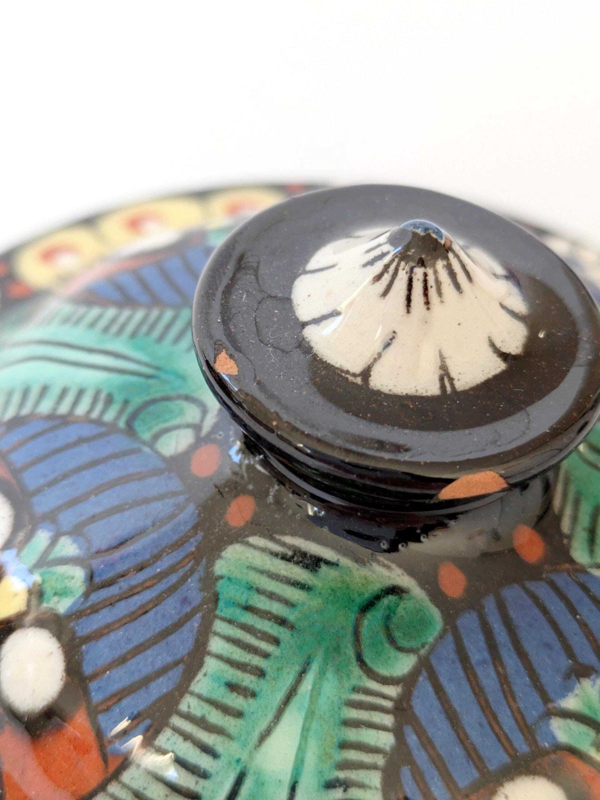 102.0 Early 20th Century Arts & Crafts Majolica Pedestal Lidded Box, Thoune Switzerland, Satisfactory photo