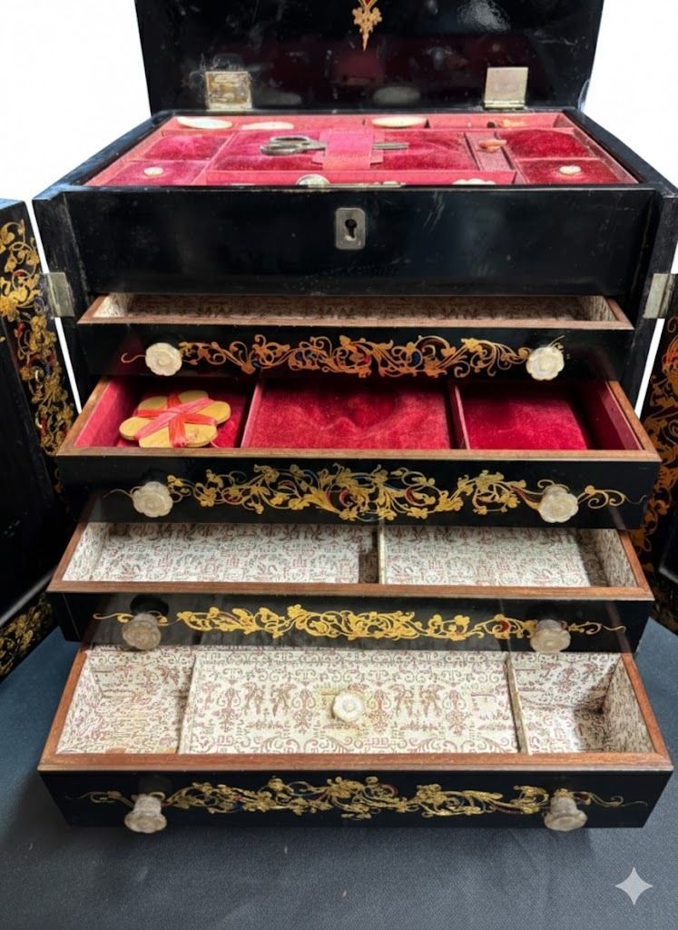 Ebonized 19th Century Sewing Box, With Original Accessories, And  Hand Painted With Bouquets Of Flowers. photo 660.0