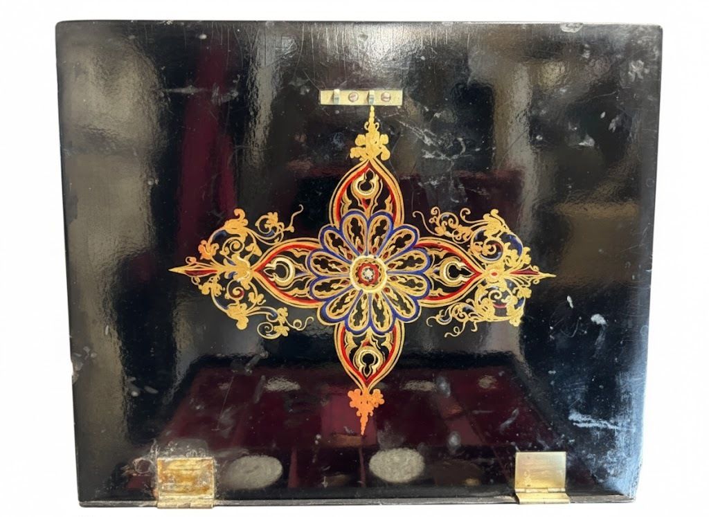 photo furniture Ebonized 19th Century Sewing Box, With Original Accessories, And  Hand Painted With Bouquets Of Flowers.