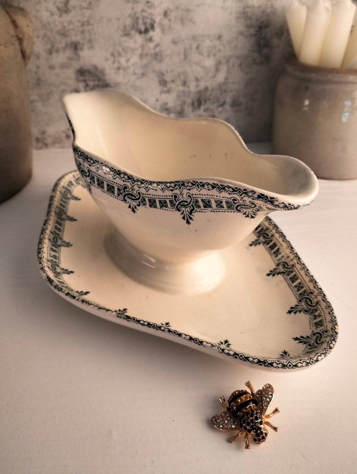 Antique Ironstone Gravy Boat, French Blue Transferware, Pedestal Sauce Jug photo furniture