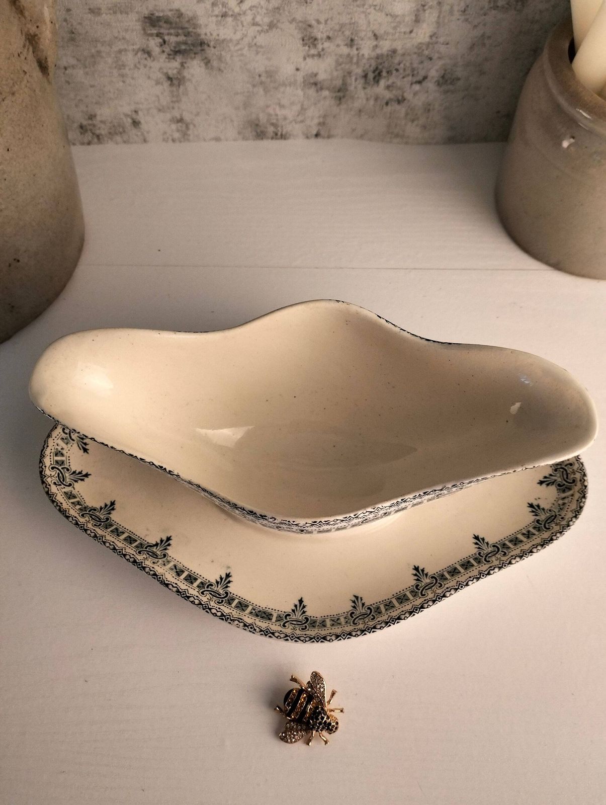 Antique Ironstone Gravy Boat, French Blue Transferware, Pedestal Sauce Jug photo buy