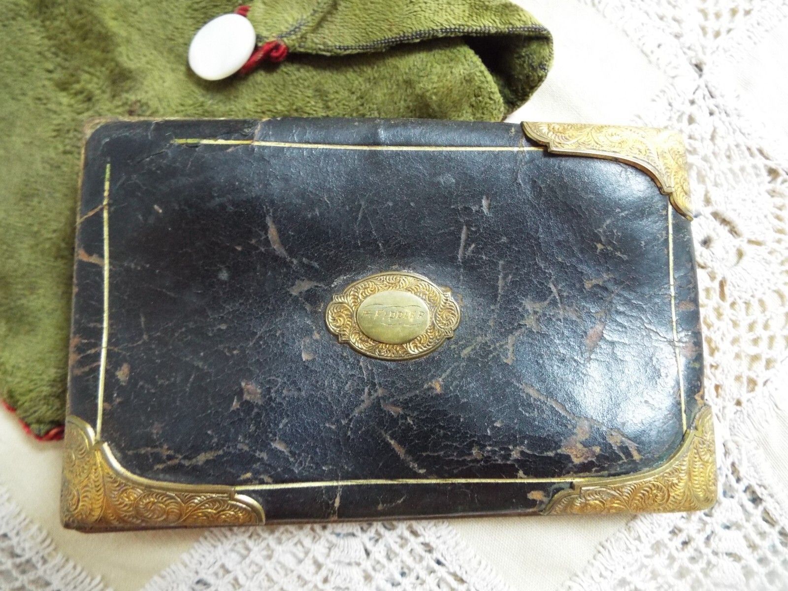 Antique Victorian Leather & Ornate Gilt Metal Cigar Case Monogrammed F Fiddler photo furniture