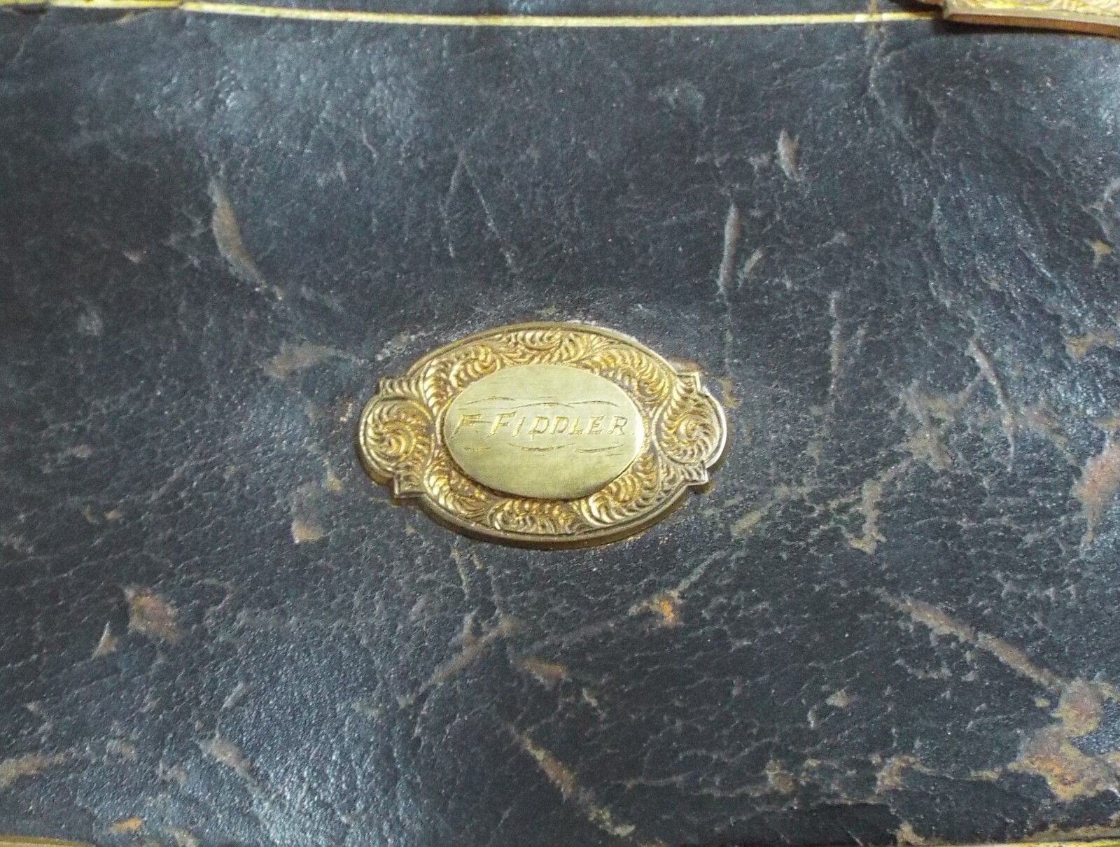 photo for sale Antique Victorian Leather & Ornate Gilt Metal Cigar Case Monogrammed F Fiddler