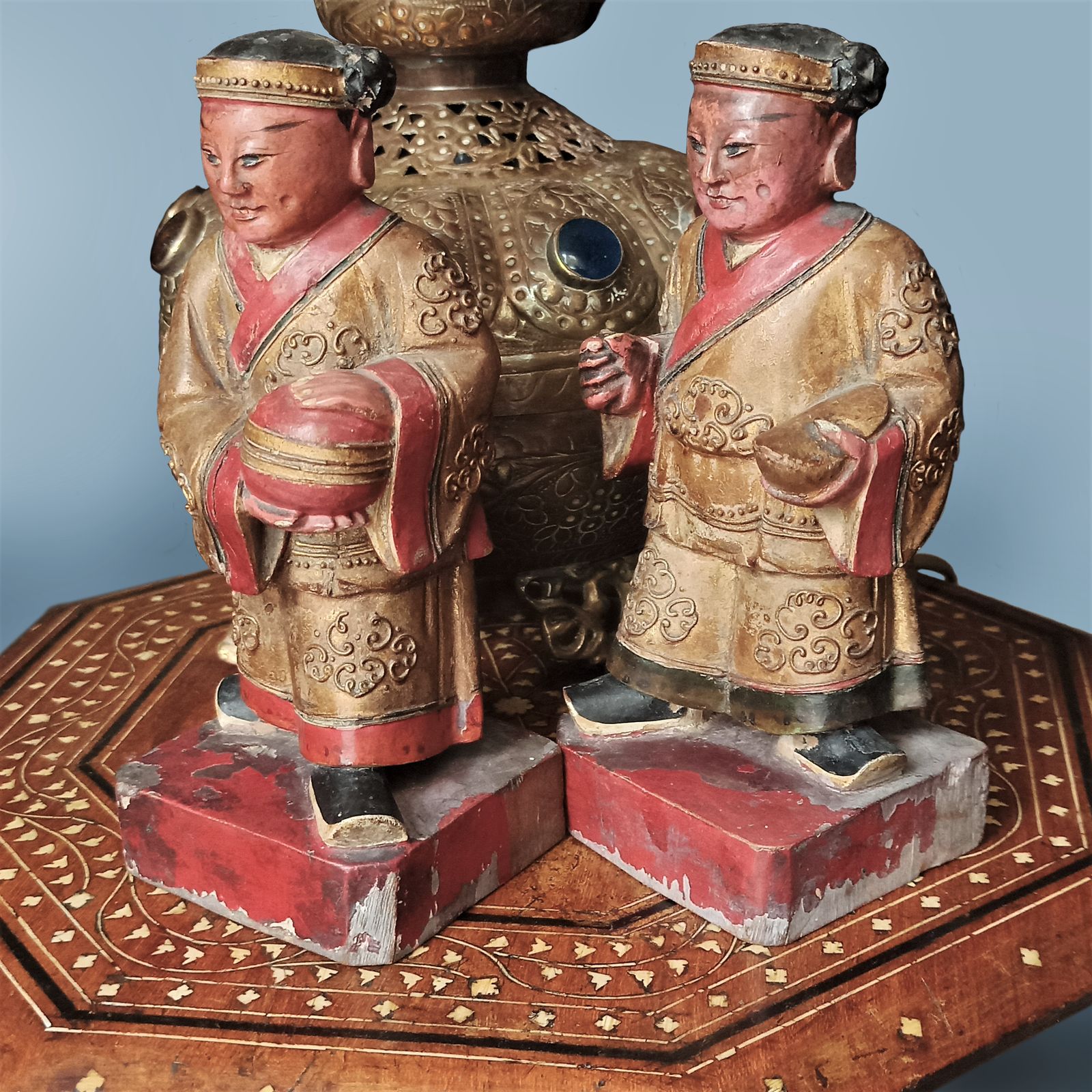 Pair Of Polychrome Gilt Gesso Painted Carved Statues Temple Deity photo for sale