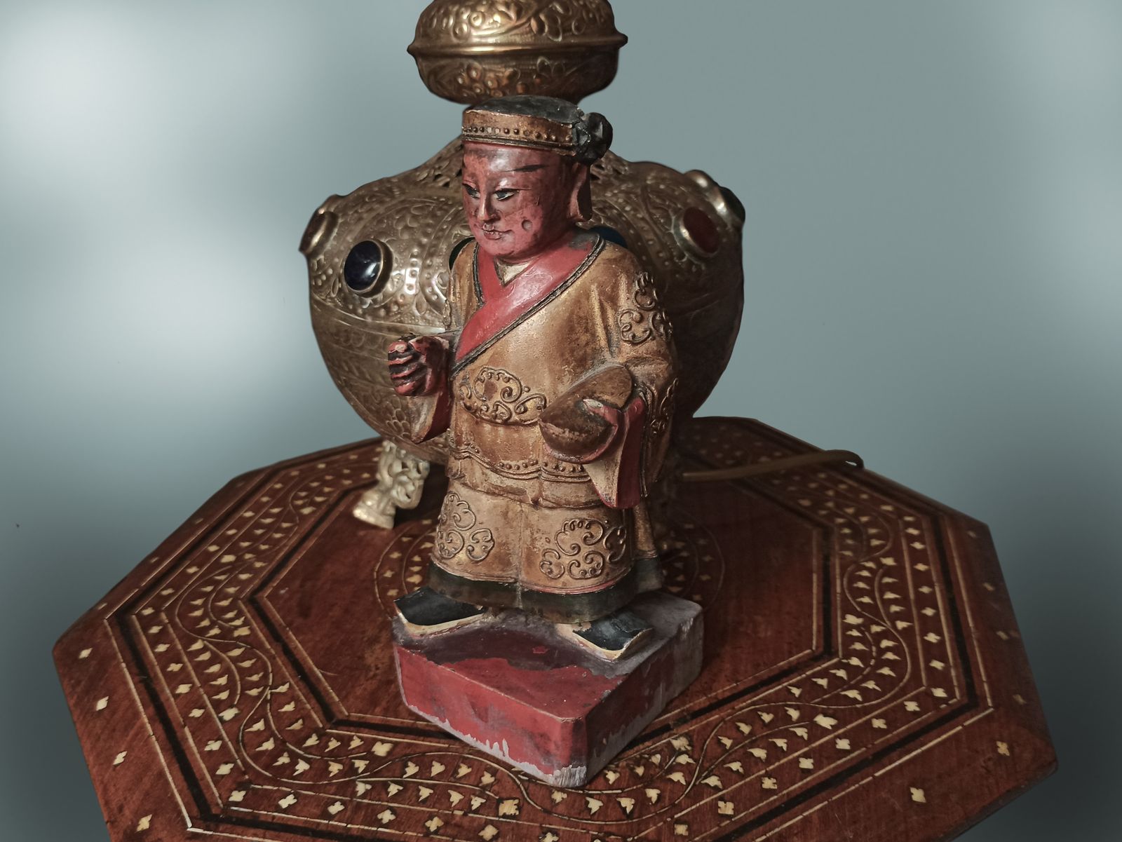 Pair Of Polychrome Gilt Gesso Painted Carved Statues Temple Deity photo vintage