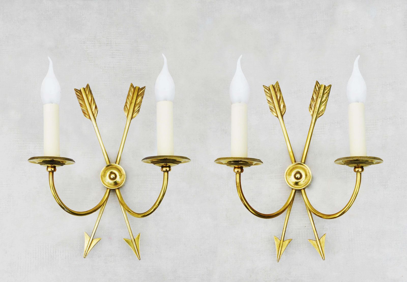Pair Of Neoclassical Crossed Arrow Wall Light Sconces Mid Century France C1960 photo furniture