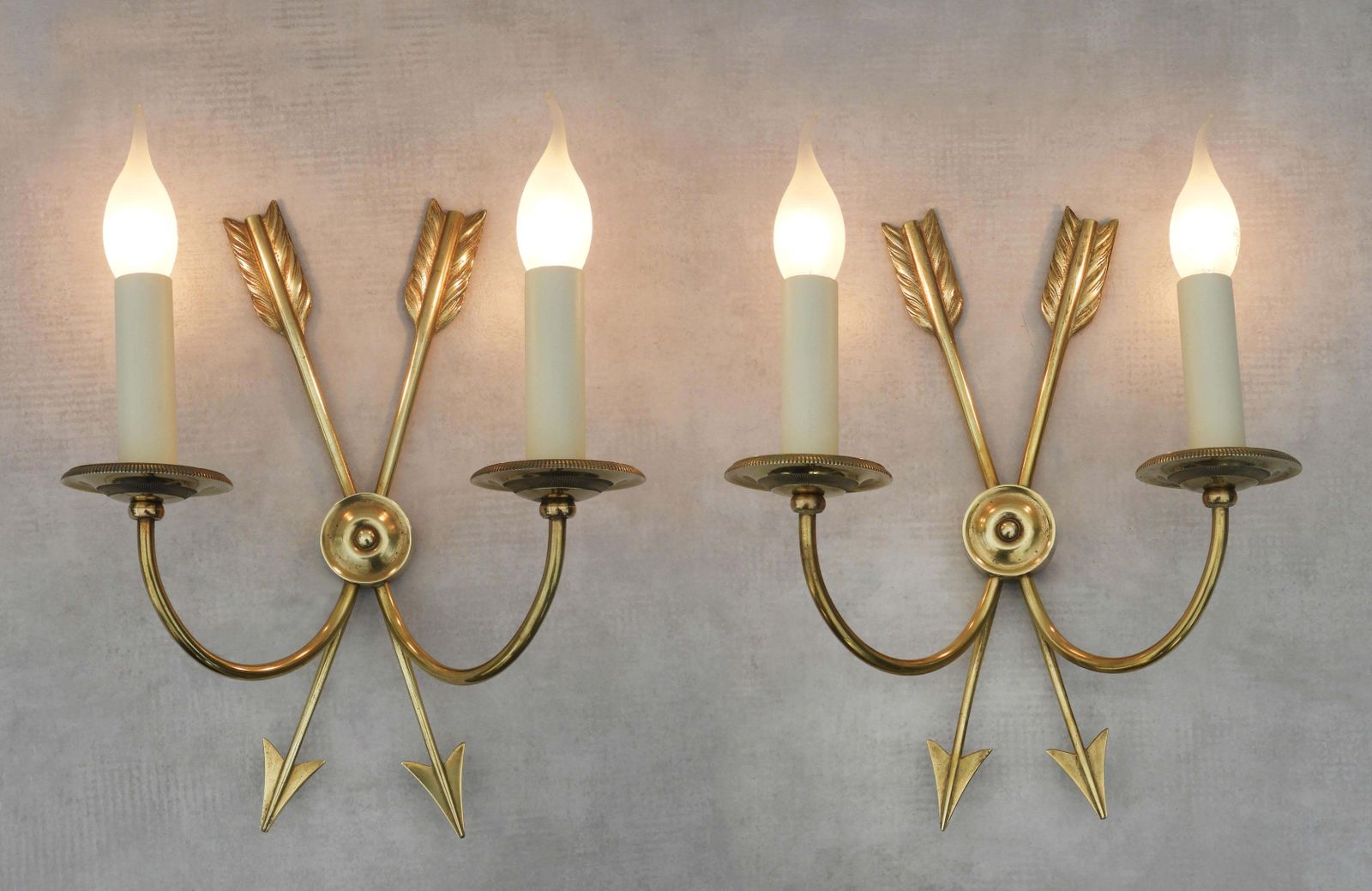 Pair Of Neoclassical Crossed Arrow Wall Light Sconces Mid Century France C1960 photo for sale