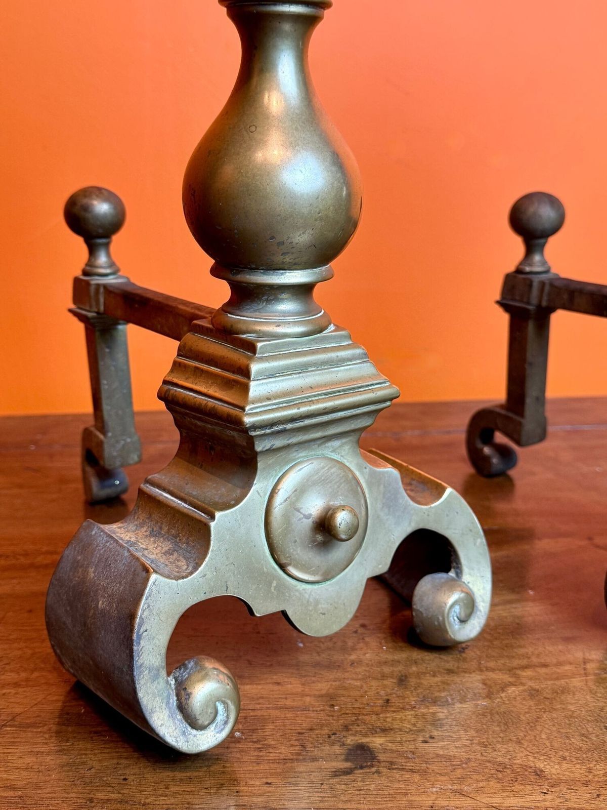 Pair Of 19th Century Brass Andirons In 17th Century Style photo 375.0