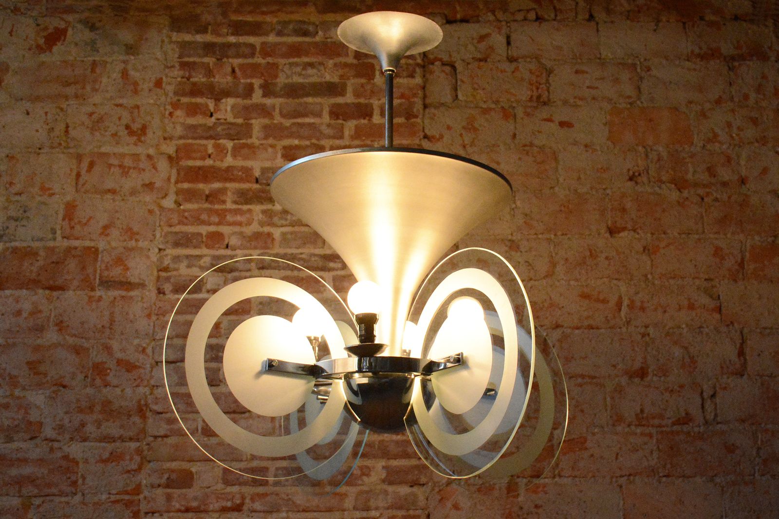 photo furniture Restored Bauhaus Chandelier, By F. Anýž, Chrome, Sandblasted Glass, Czech, 1930s