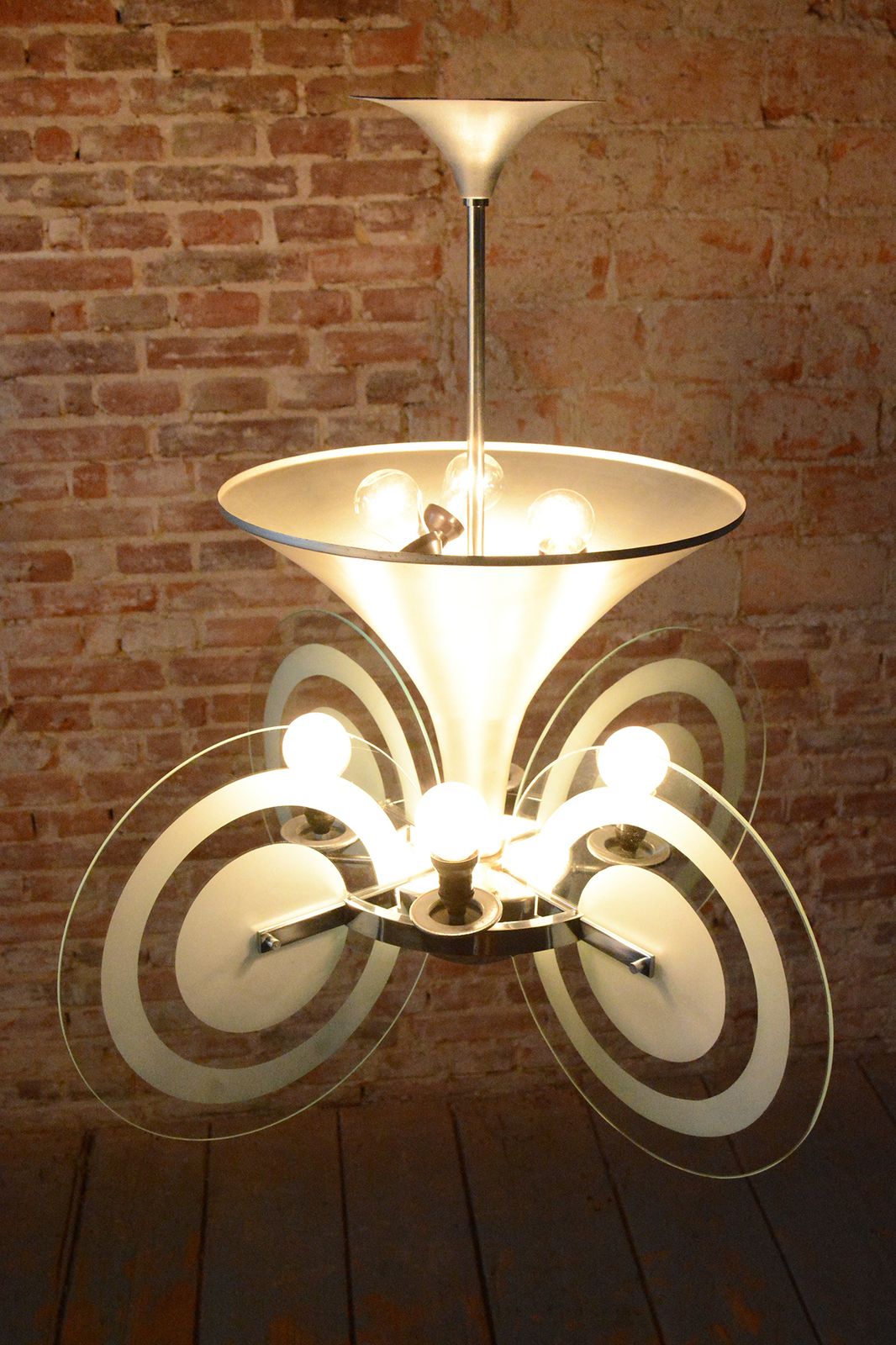 photo vinterior Restored Bauhaus Chandelier, By F. Anýž, Chrome, Sandblasted Glass, Czech, 1930s