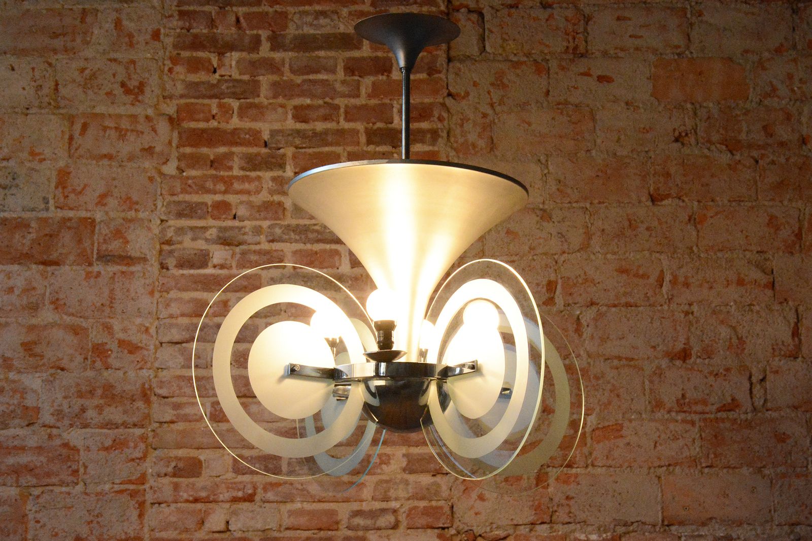 photo vintage Restored Bauhaus Chandelier, By F. Anýž, Chrome, Sandblasted Glass, Czech, 1930s