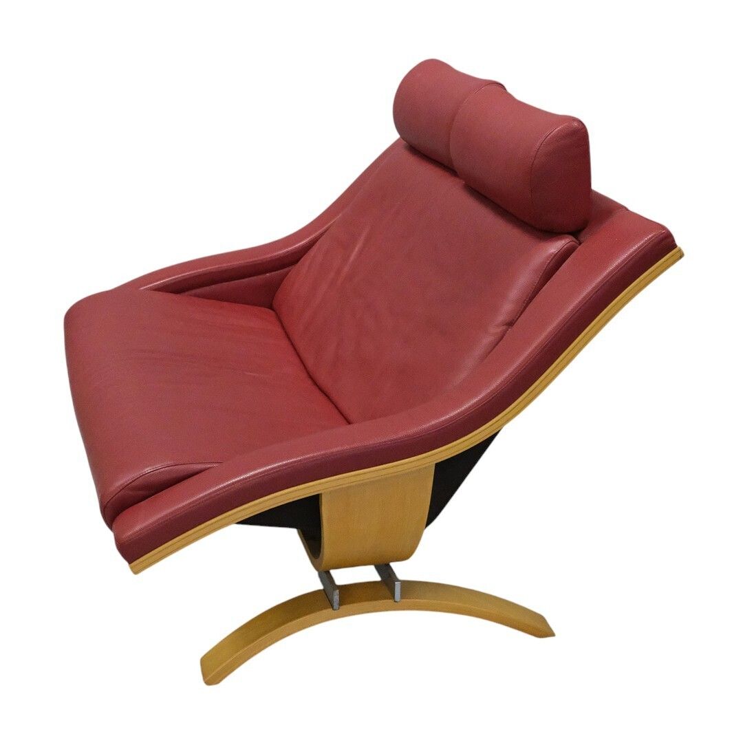 Roche Bobois Red Leather Two Seater Sofa On Bentwood Beech Base, France photo for sale