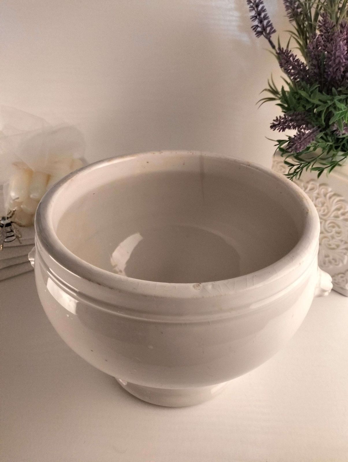 French Vintage Lion Head Tureen, White Earthenware Soup Bowl, Jardinière