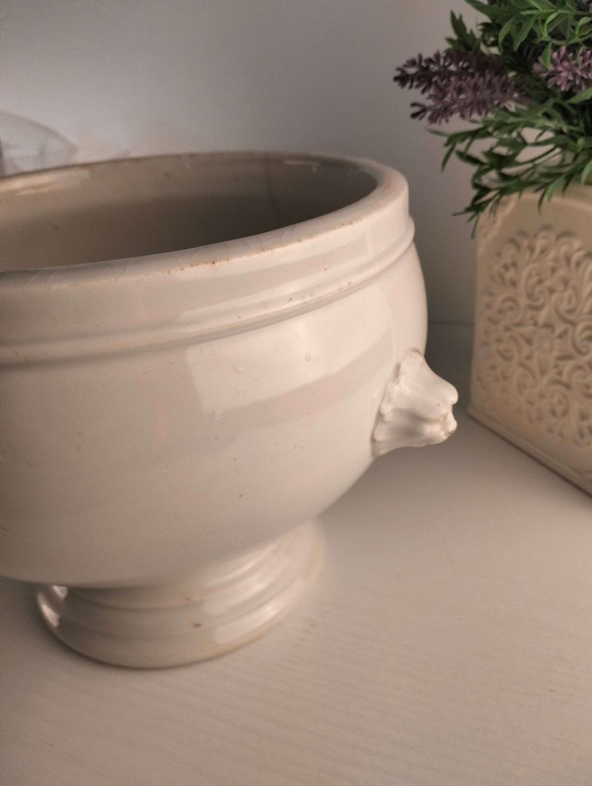 French Vintage Lion Head Tureen, White Earthenware Soup Bowl, Jardinière photo for sale