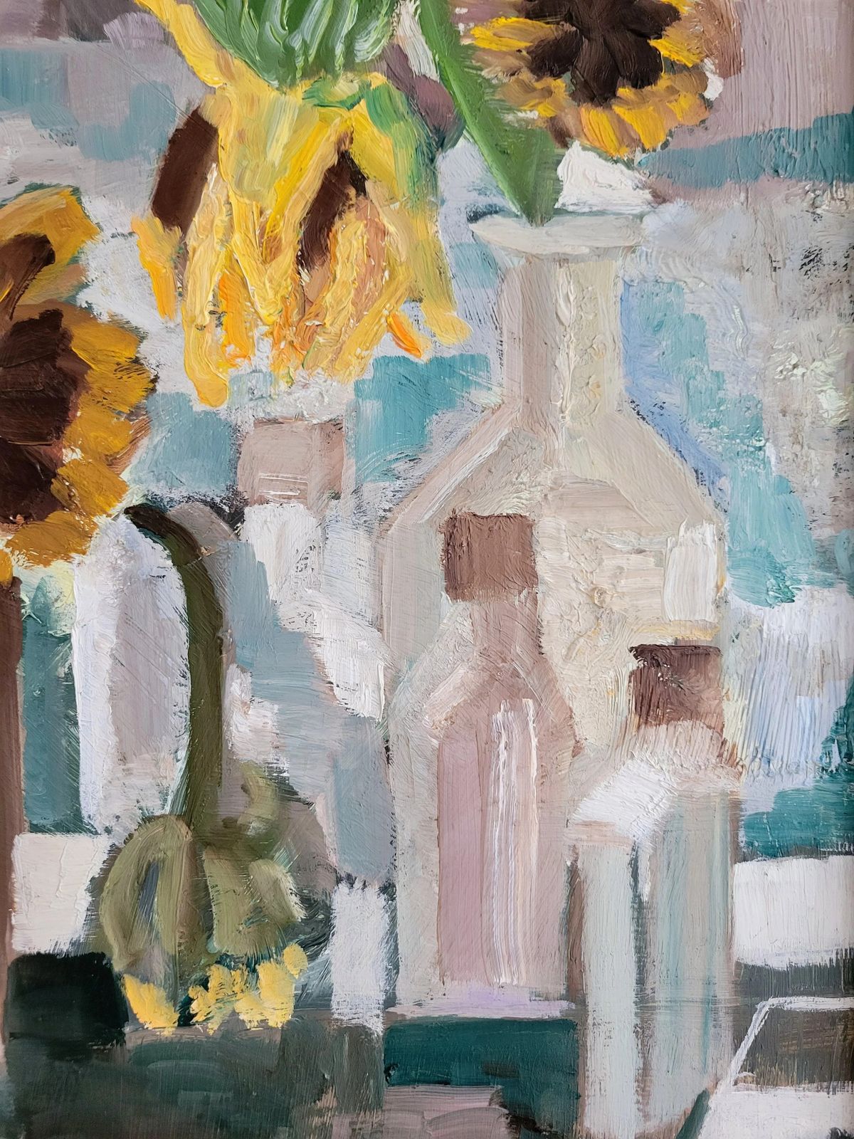 Original Framed Vintage Mid Century Swedish Expressionist Landscape Sunflowers And Glass Bottles photo 985.0