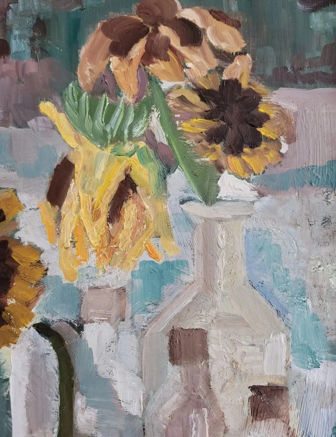 Original Framed Vintage Mid Century Swedish Expressionist Landscape Sunflowers And Glass Bottles photo buy