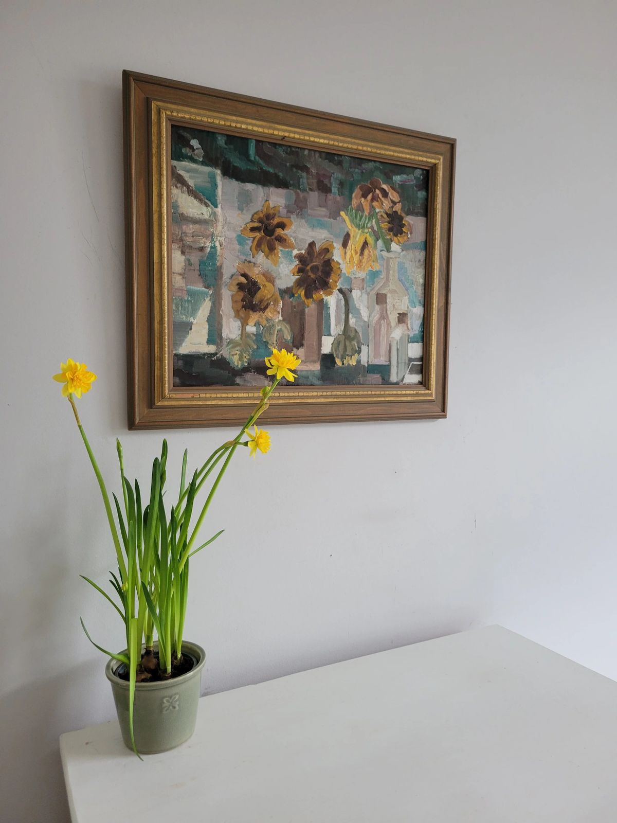 photo vinterior Original Framed Vintage Mid Century Swedish Expressionist Landscape Sunflowers And Glass Bottles