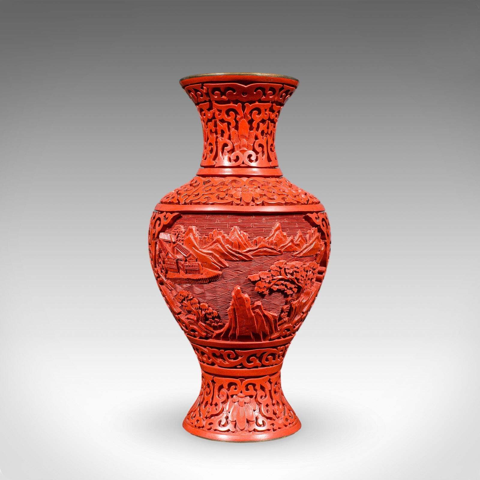 Pair Of Vintage Cinnabar Baluster Vases, Oriental, Lacquer, Cloisonne, Posy Urn photo for sale
