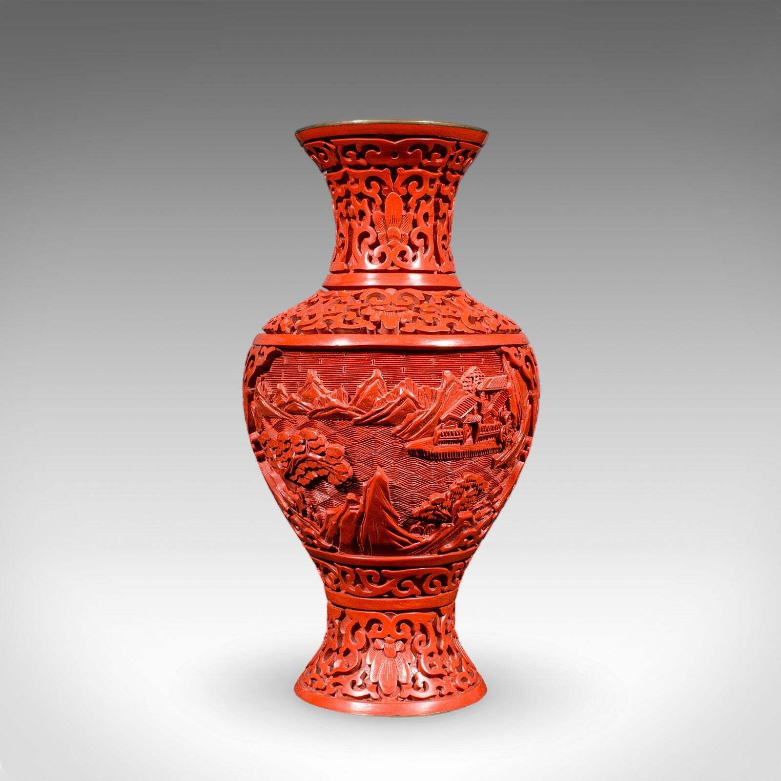 photo furniture Pair Of Vintage Cinnabar Baluster Vases, Oriental, Lacquer, Cloisonne, Posy Urn