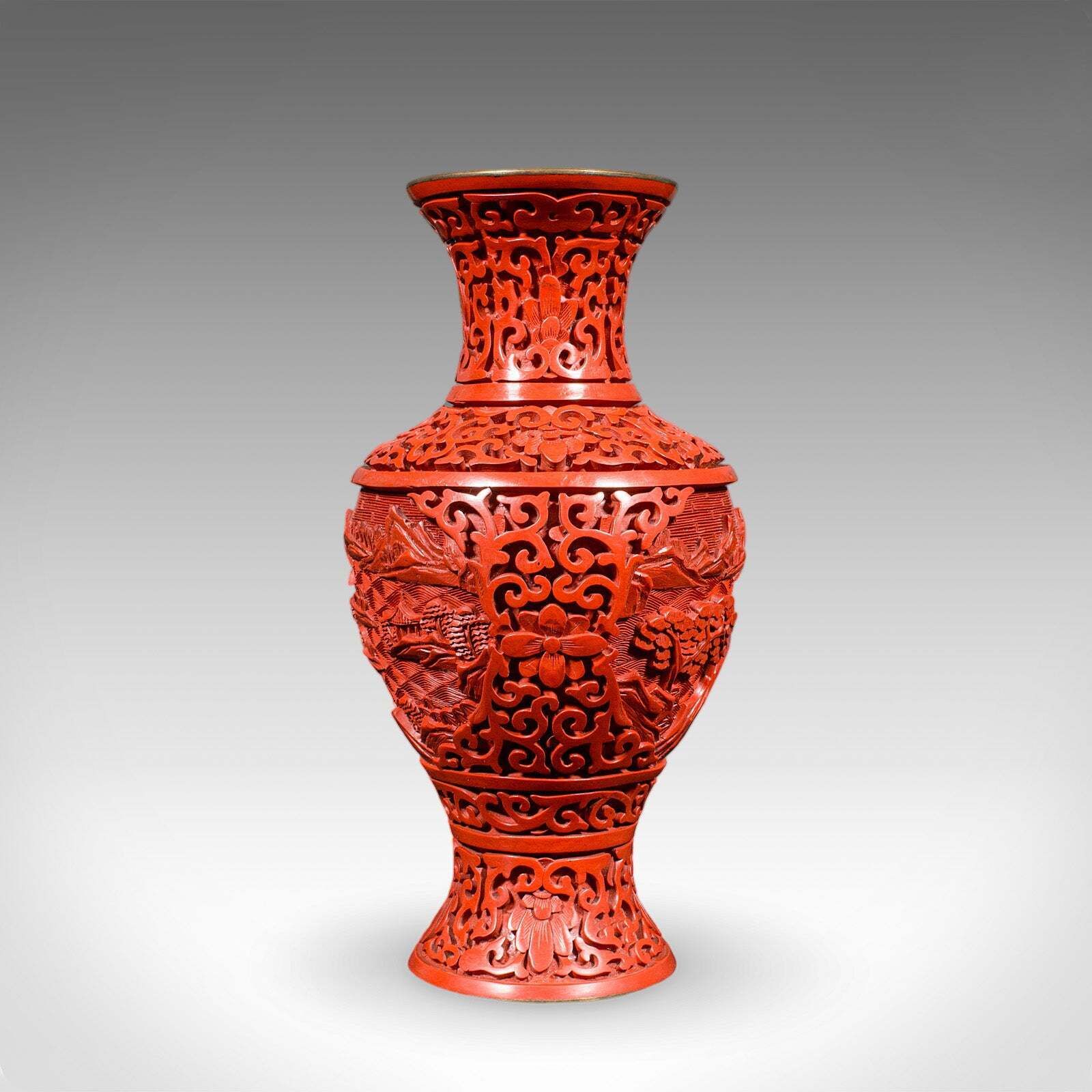 photo for sale Pair Of Vintage Cinnabar Baluster Vases, Oriental, Lacquer, Cloisonne, Posy Urn