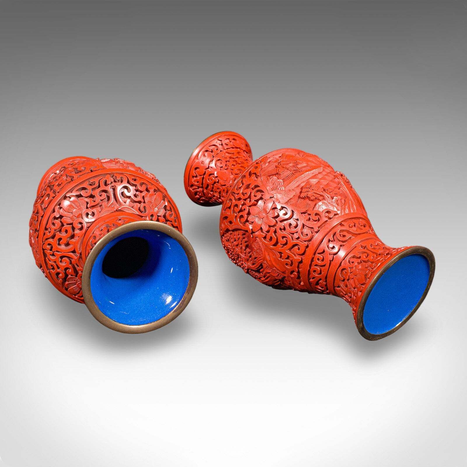 812.0 Pair Of Vintage Cinnabar Baluster Vases, Oriental, Lacquer, Cloisonne, Posy Urn photo