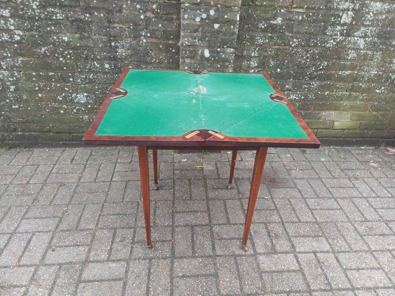 Victorian Mahogany Games Table Folding Swivel Top Card Table Ribbon Inlay Brass Porcelain Casters Antique Side Table Free Hand Delivery photo for sale