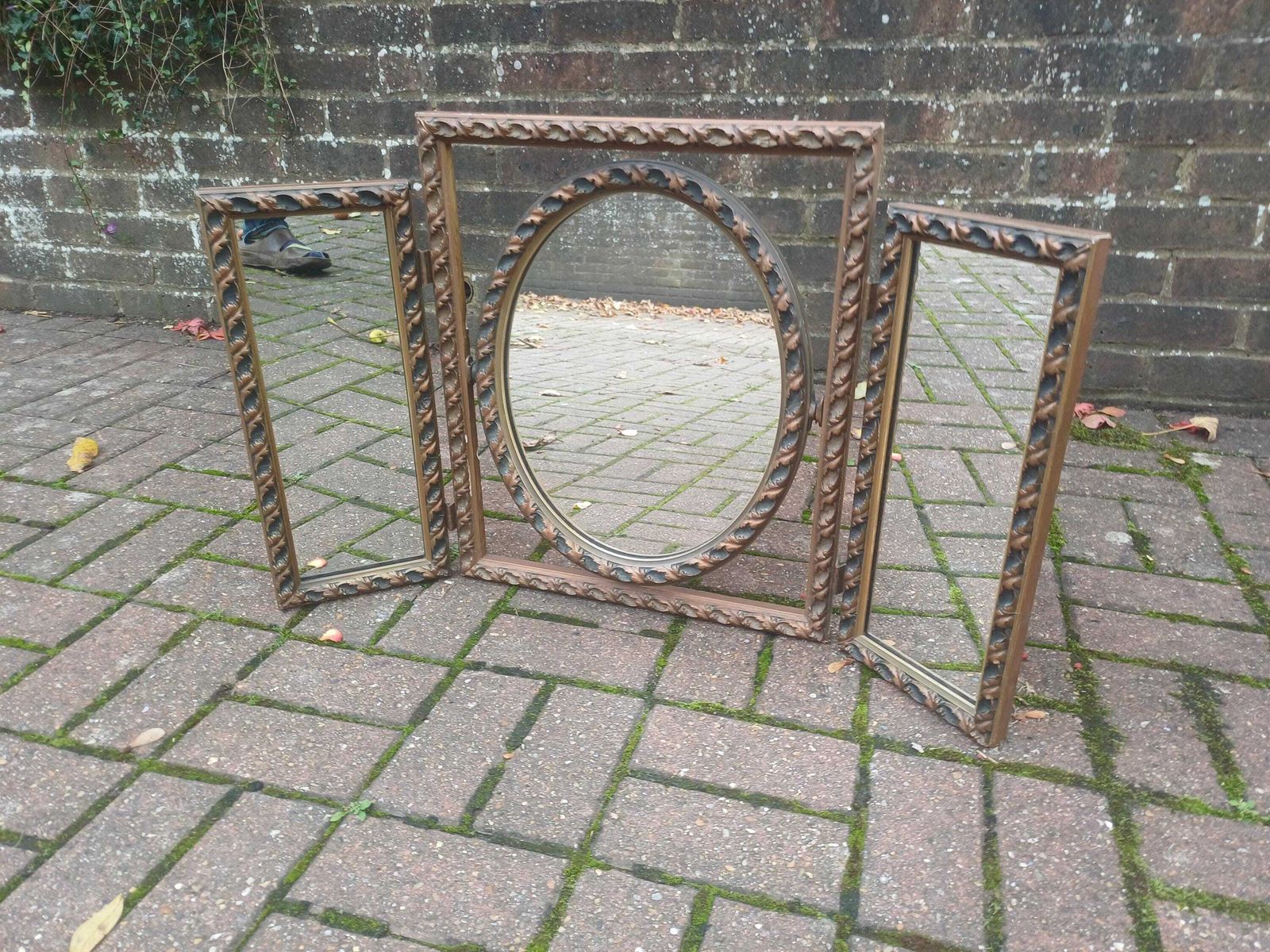 photo for sale Vintage Triple Dressing Table Mirror With Ornate Frame, Folding Vanity Mirror, Antique Bronze Blue Finish Tabletop Mirror, Art Deco Style