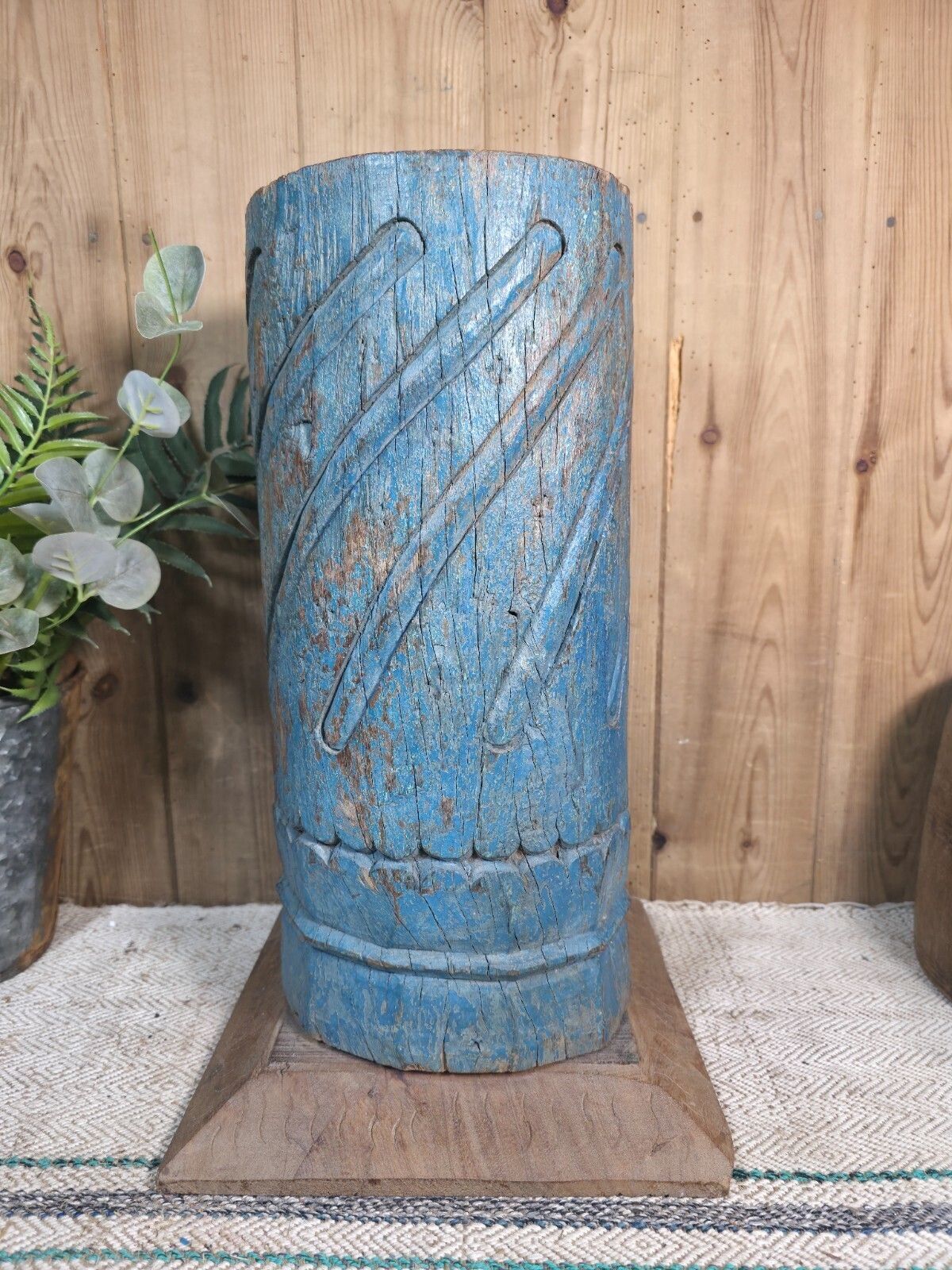Large Vintage Reclaimed Carved Indian Solid Wooden Pillar Column Candle Holder photo furniture