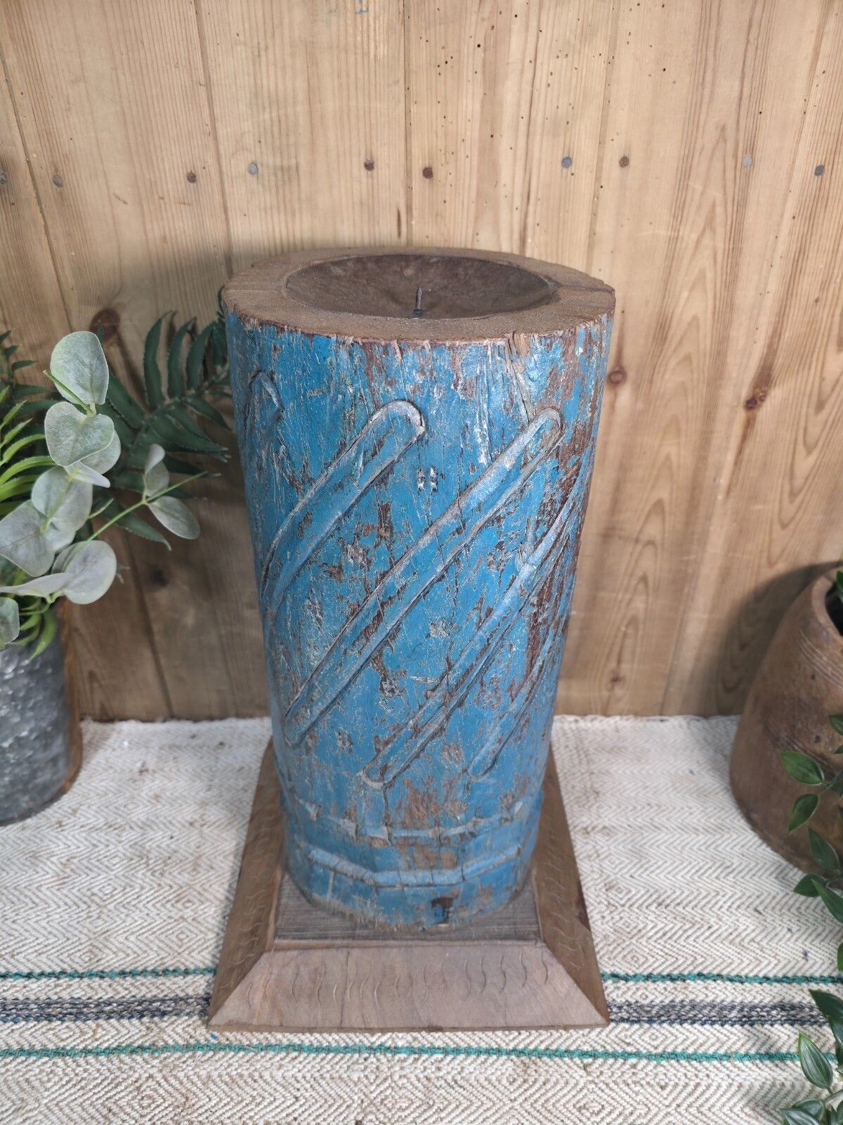 Large Vintage Reclaimed Carved Indian Solid Wooden Pillar Column Candle Holder photo 75.0