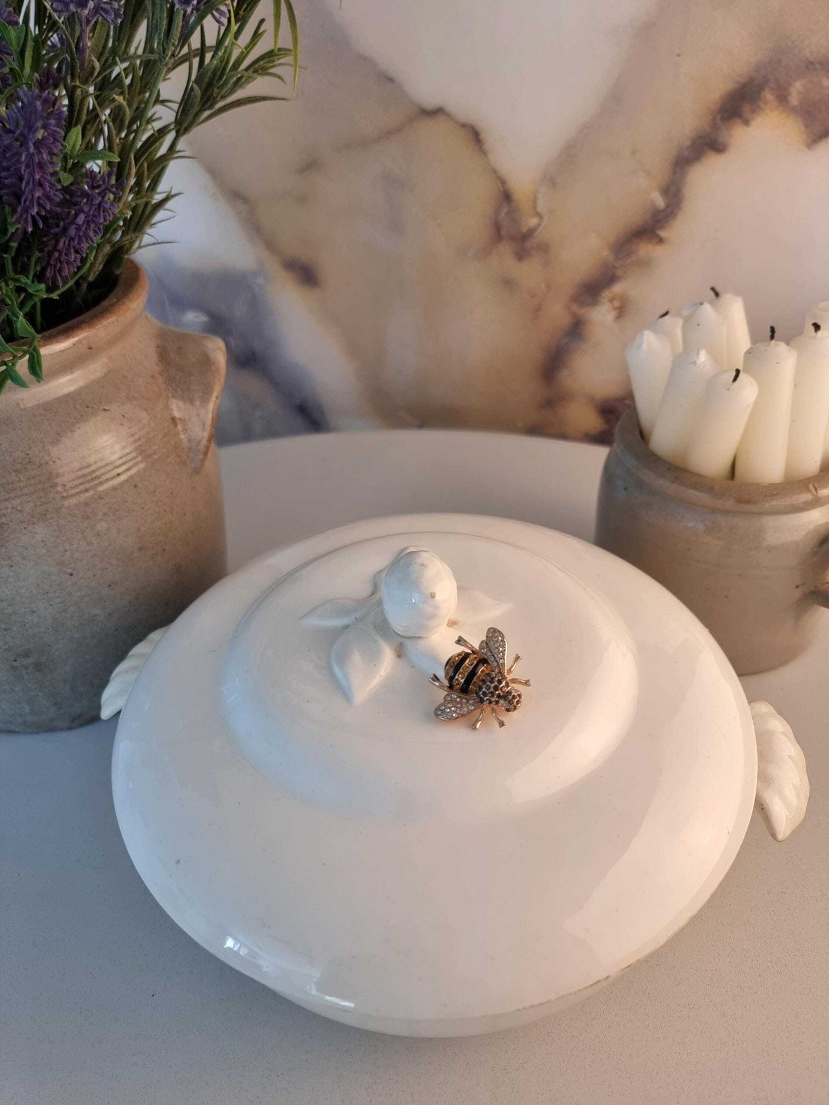 Antique Lidded Serving Casserole / Vegetable Dish In White   French Country Farmhouse Decor photo for sale
