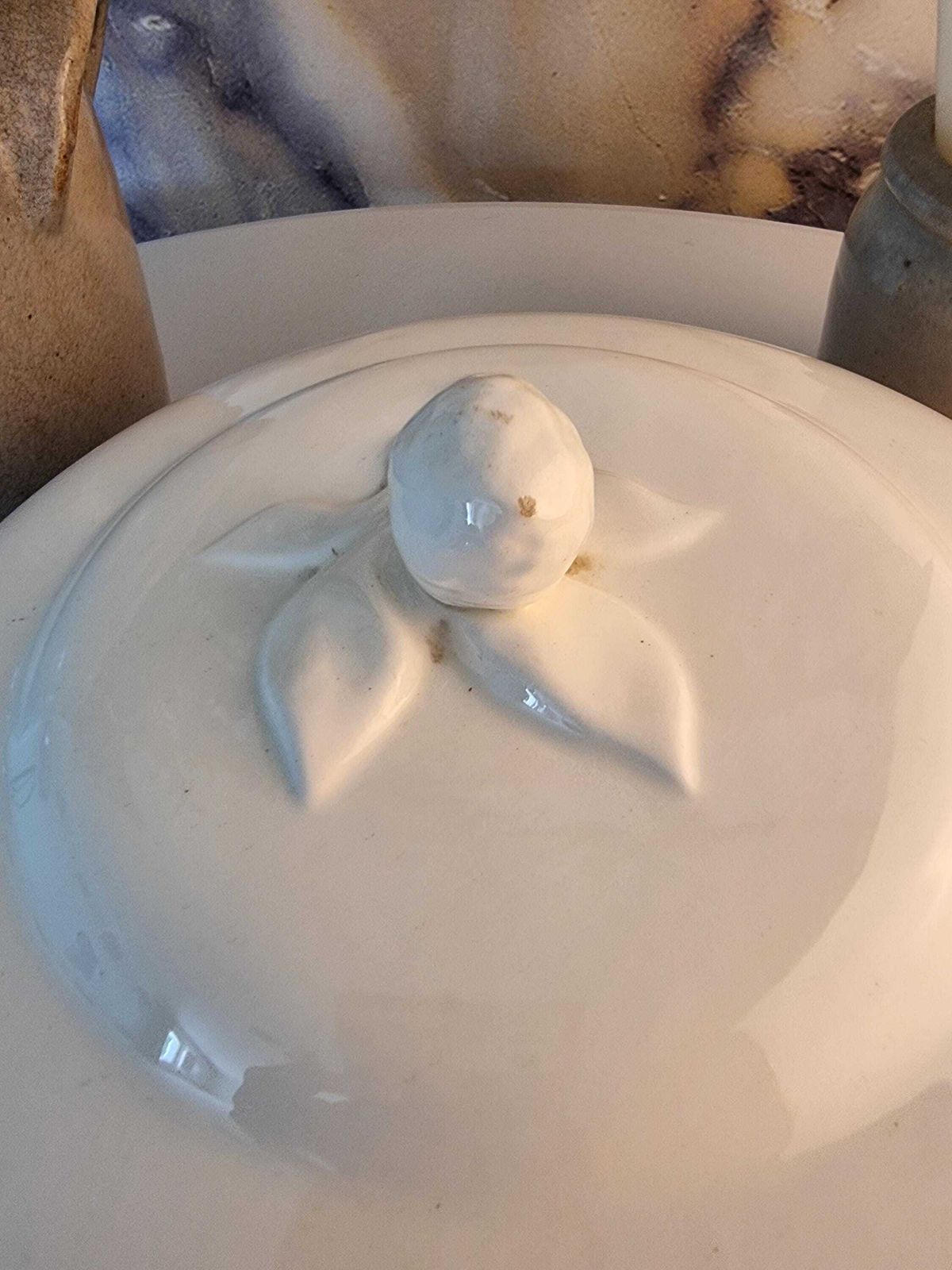 Antique Lidded Serving Casserole / Vegetable Dish In White   French Country Farmhouse Decor photo Home Decor