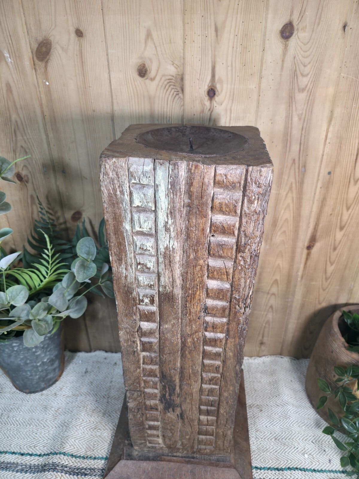Large Vintage Reclaimed Carved Indian Solid Wooden Pillar Column Candle Holder photo buy