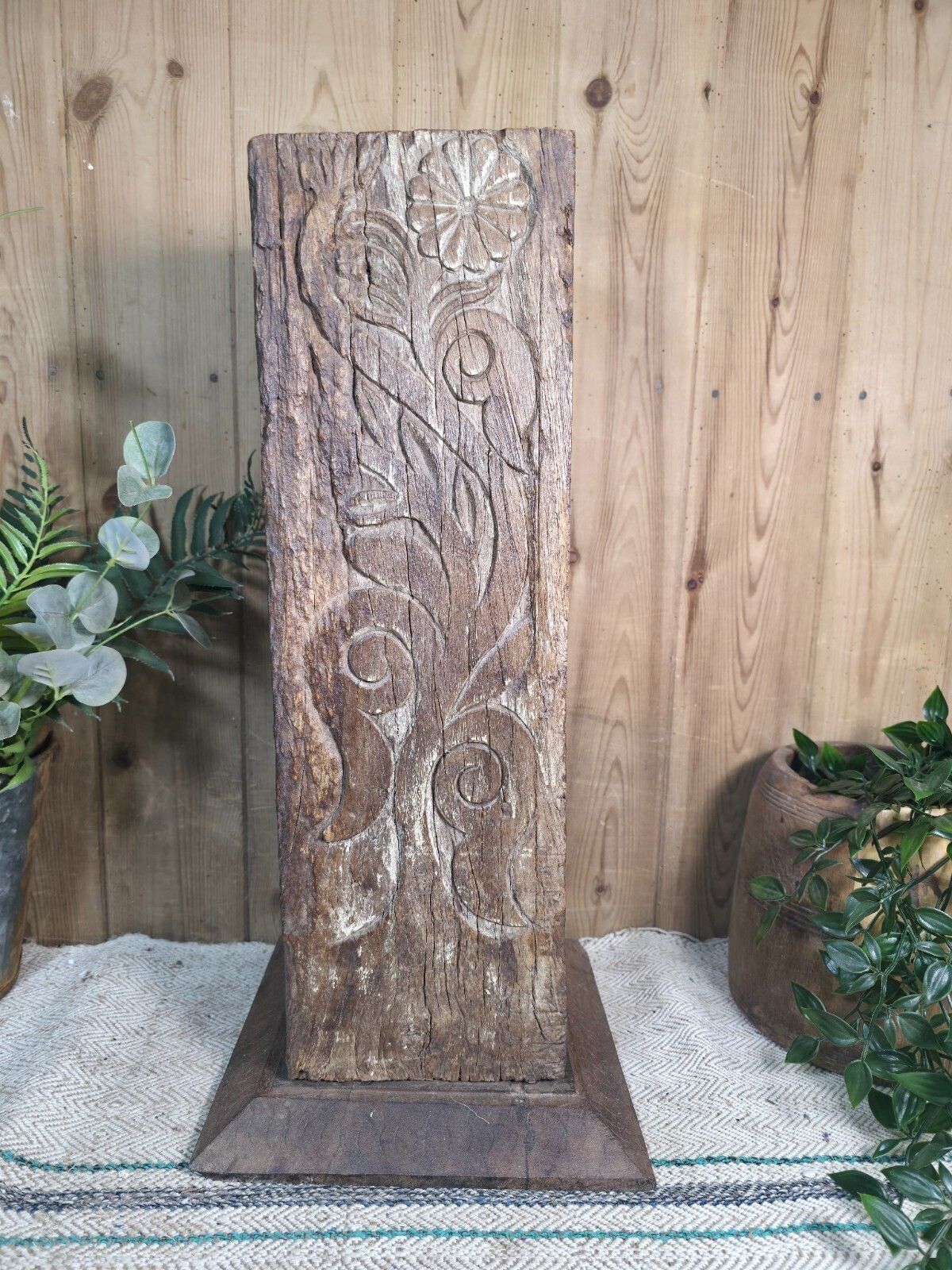 Large Vintage Reclaimed Carved Indian Solid Wooden Pillar Column Candle Holder photo vintage