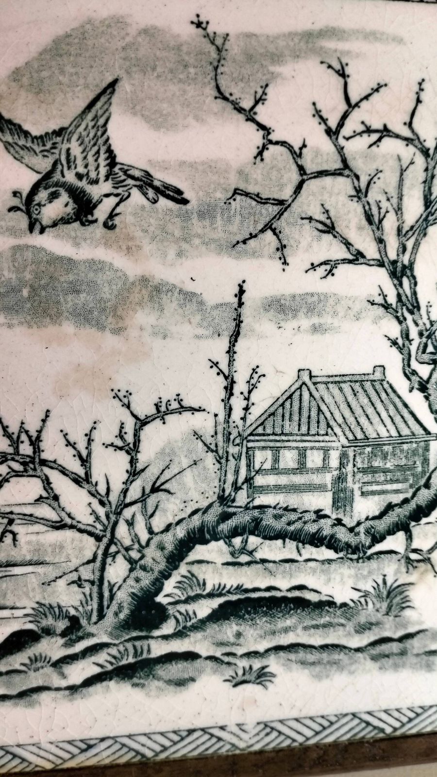 Vintage French Tile Trivet, Scenic Bird Design, Farmhouse Kitchen Decor photo for sale