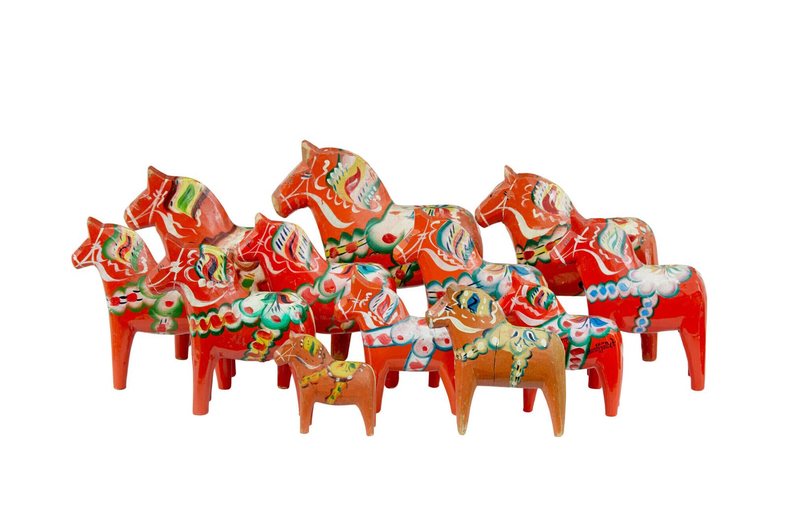 Swedish Set Of 12 Traditional Hand Painted Dala Horses