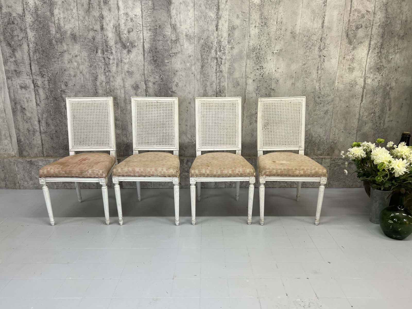 Set Of Four White Shabby Chic Cane Dining Chairs To Reupholster