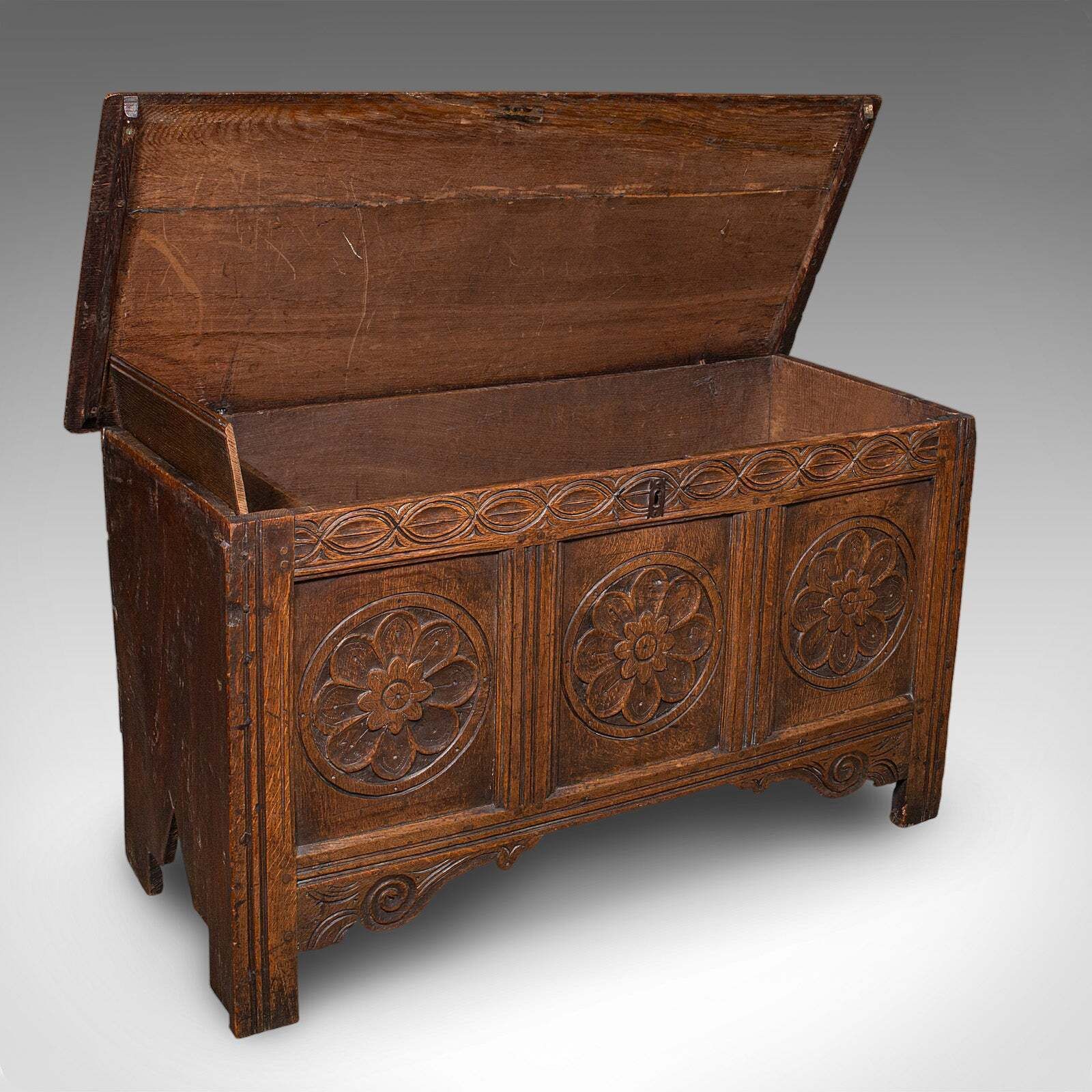 Antique Linen Chest, English, Carved Oak, Coffer, Bay Window Seat, William III photo furniture