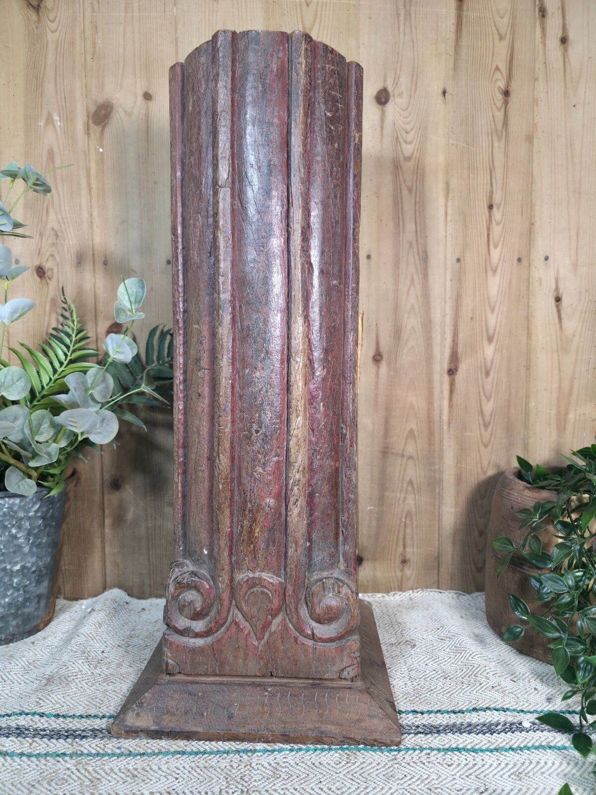 Large Vintage Reclaimed Carved Indian Solid Wooden Pillar Column Candle Holder photo furniture