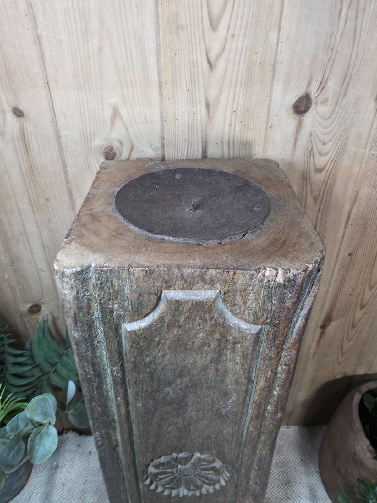 Large Vintage Reclaimed Carved Indian Solid Wooden Pillar Column Candle Holder photo for sale
