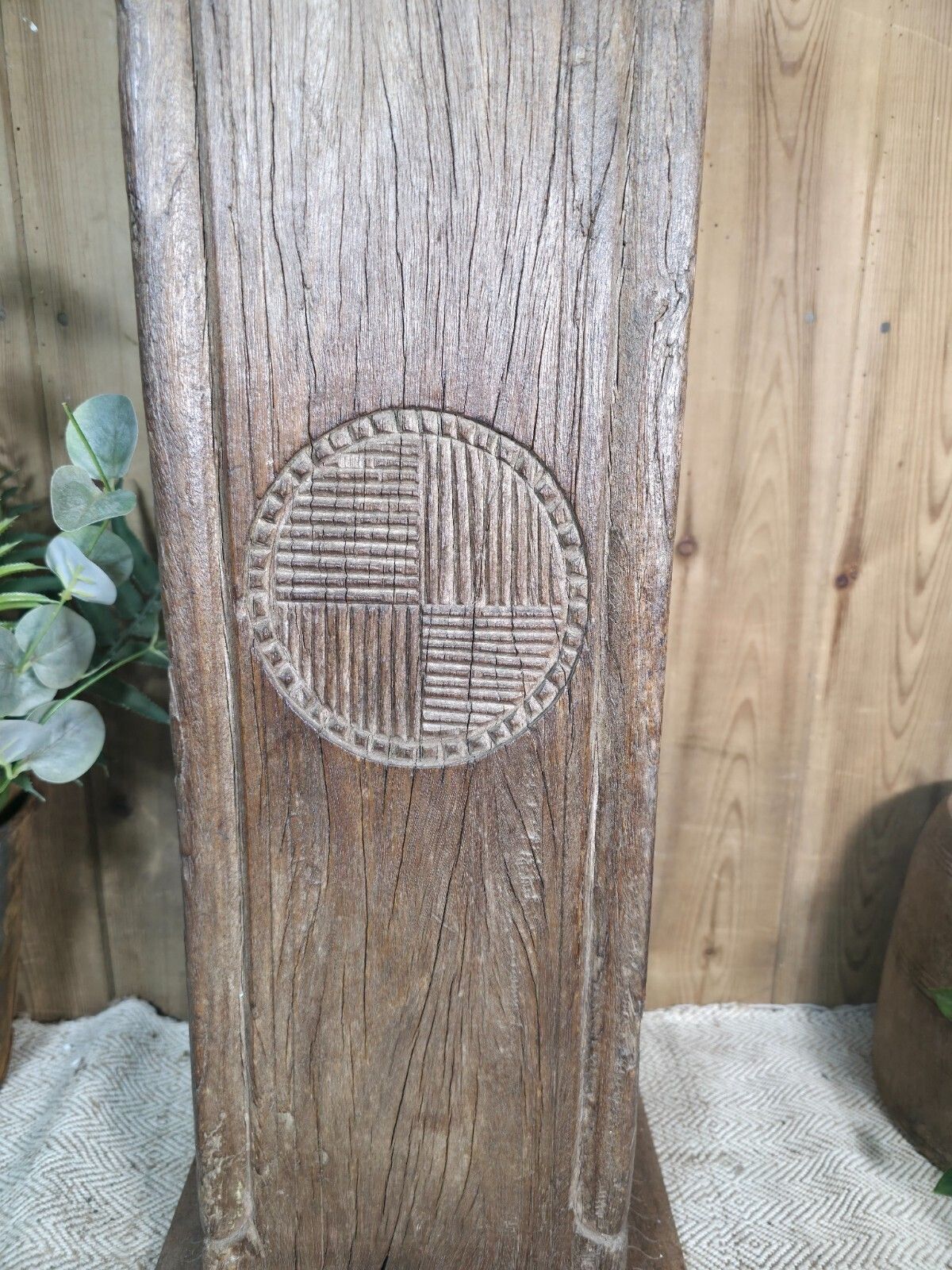 Large Vintage Reclaimed Carved Indian Solid Wooden Pillar Column Candle Holder photo 85.0