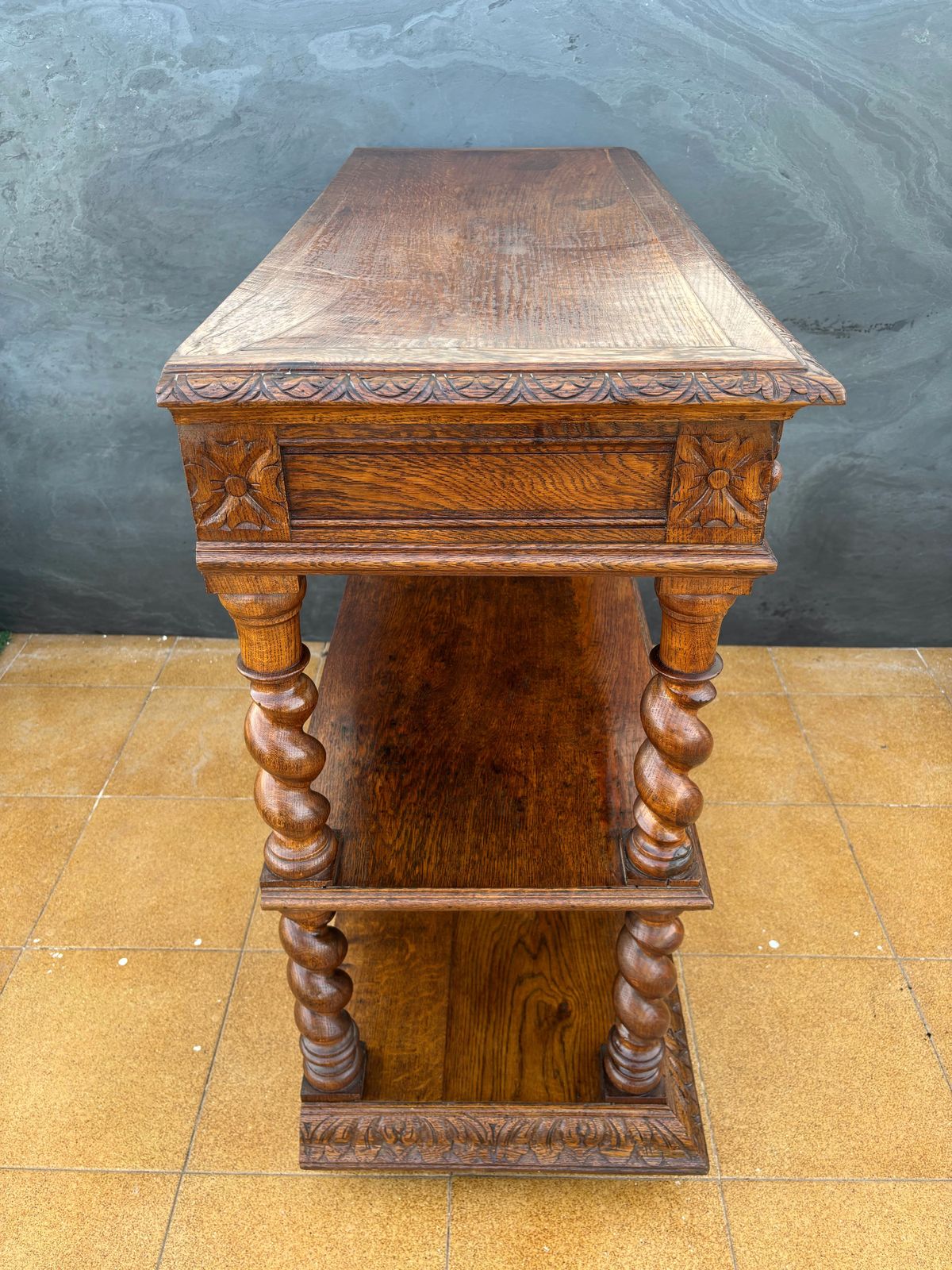 Carved Oak Barley Twist Console With Shelves, 1890s photo vintage