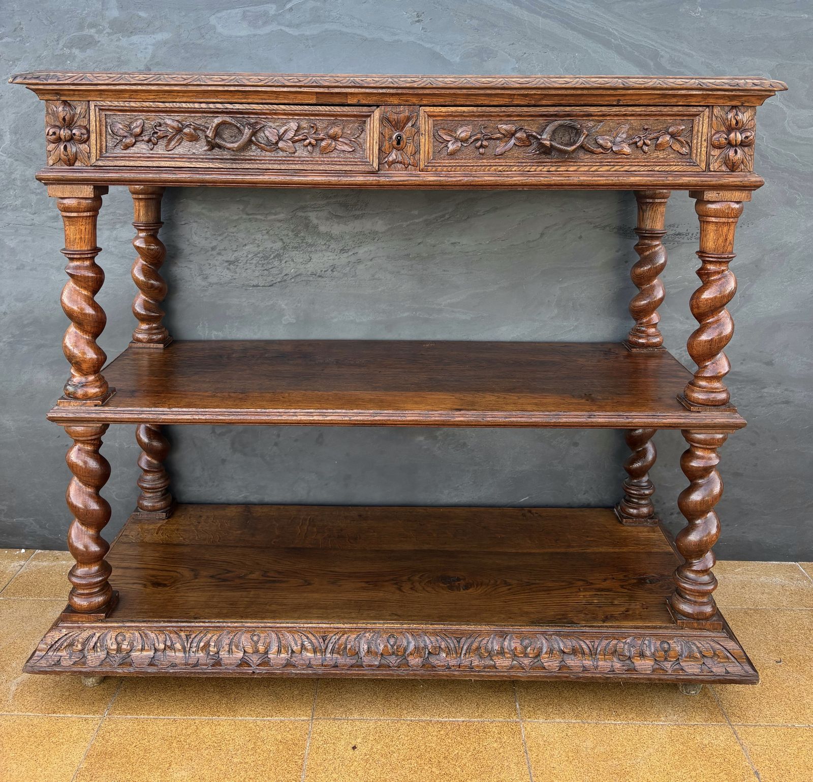 photo for sale Carved Oak Barley Twist Console With Shelves, 1890s