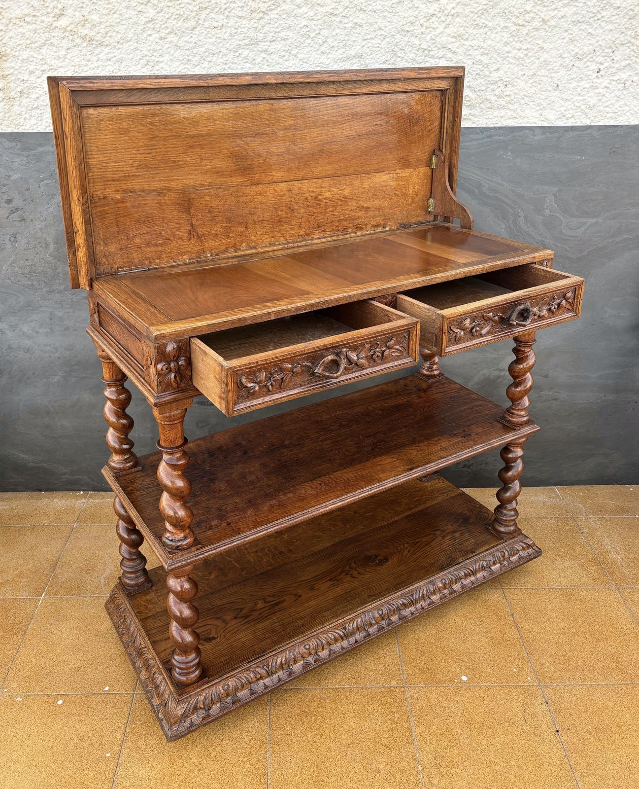 photo buy Carved Oak Barley Twist Console With Shelves, 1890s