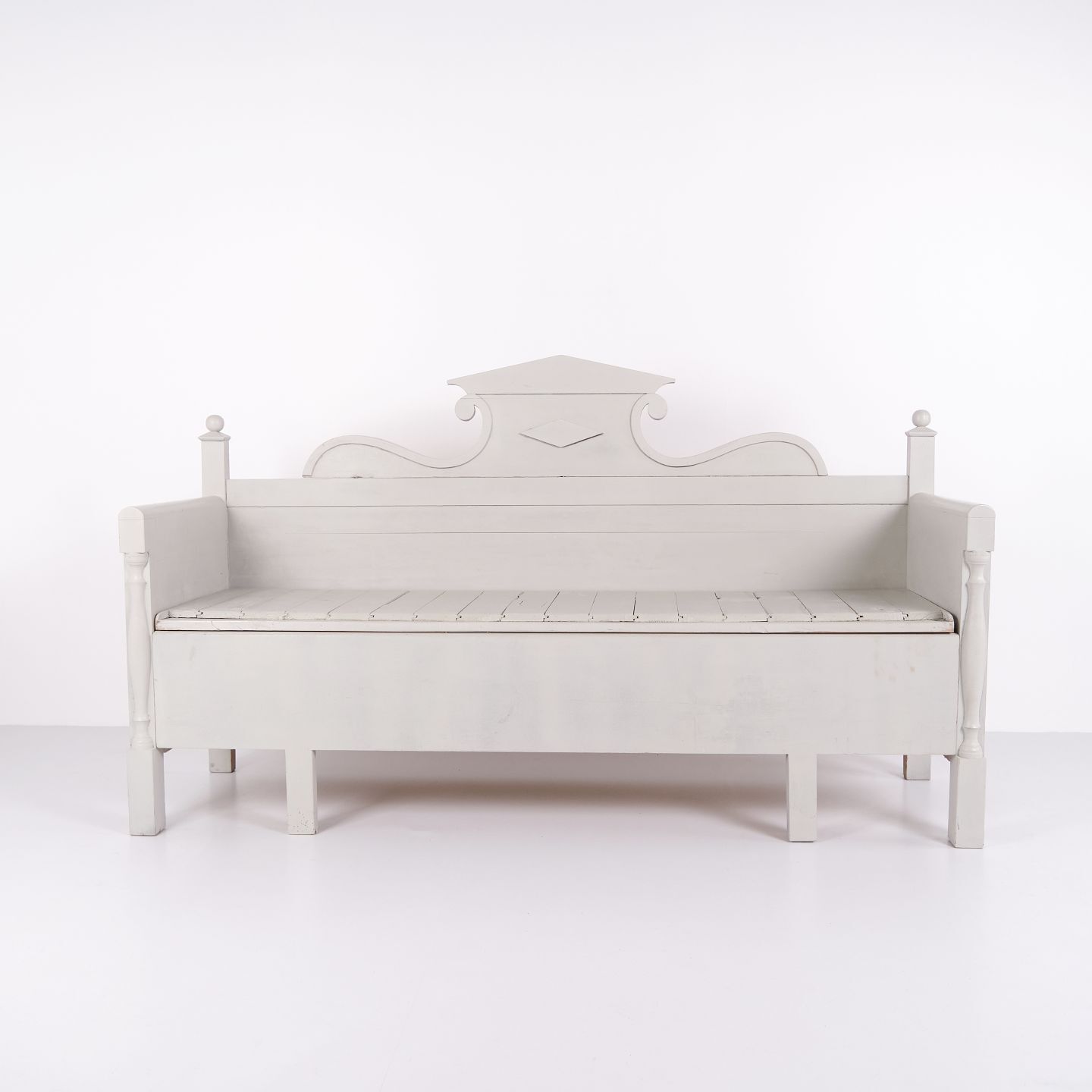 Antique Beating Bench With Carvings   Gray Painted   Pine Wood   Storage   Year 1860s