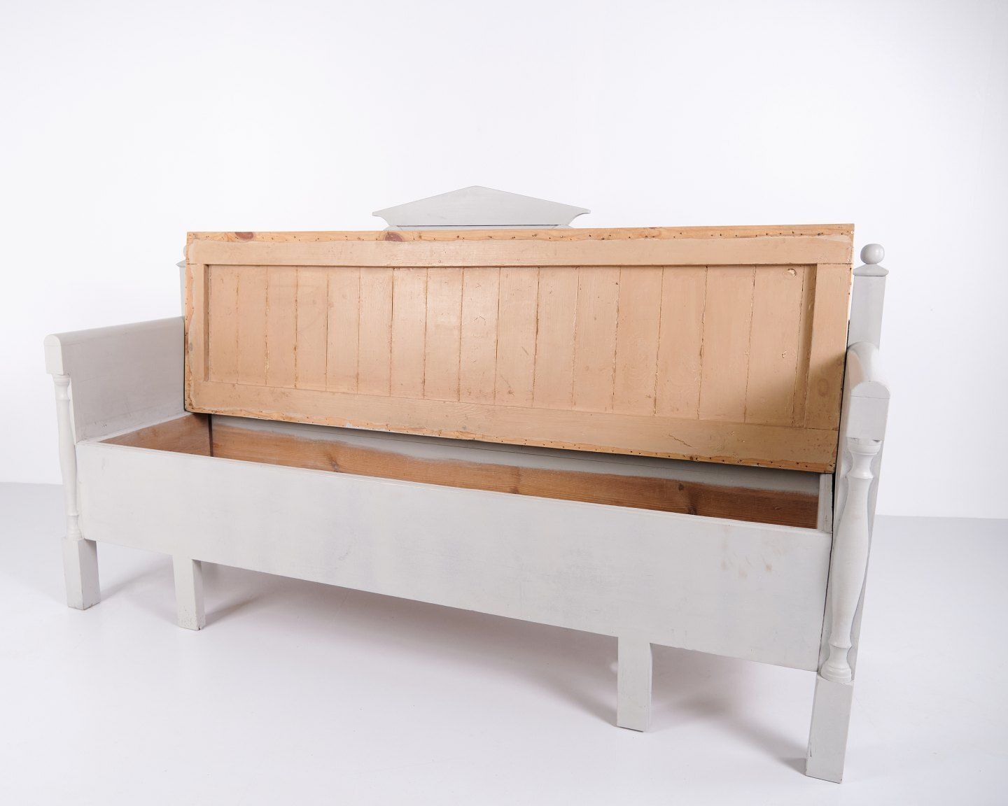 photo furniture Antique Beating Bench With Carvings   Gray Painted   Pine Wood   Storage   Year 1860s